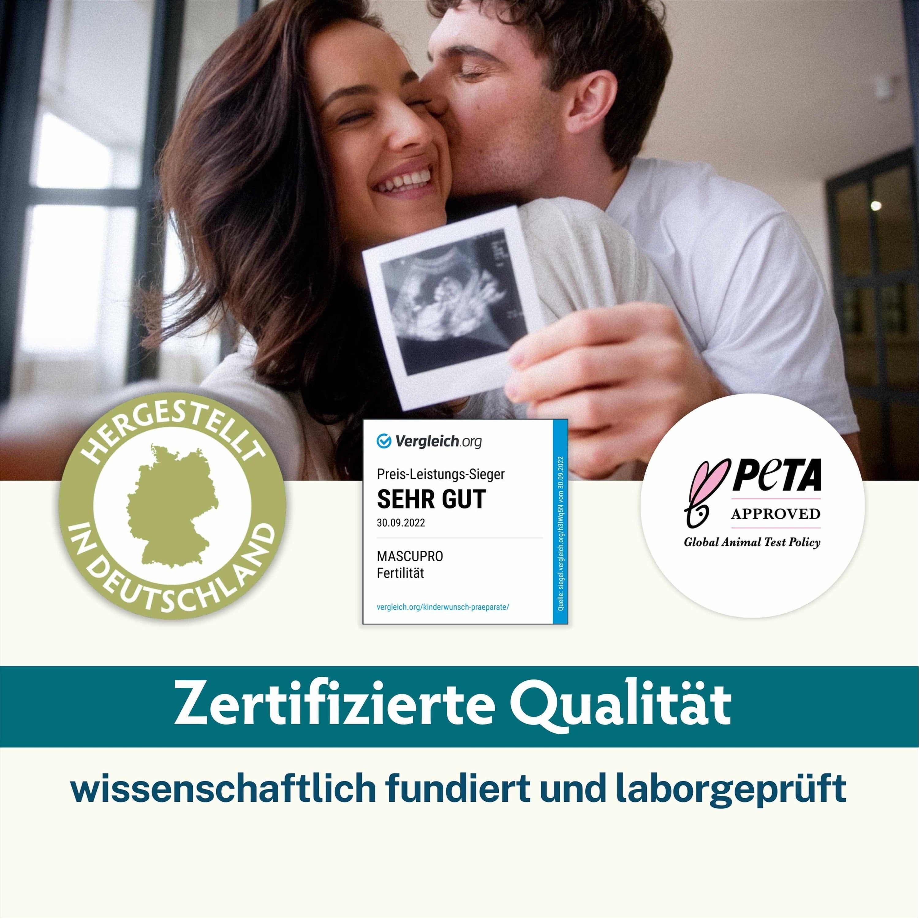 Glückliches Paar hält ein Ultraschallbild, daneben Produktverpackungen und Siegel.