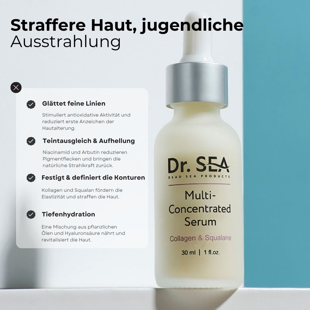 Serumflasche mit Text. Aufschrift: Dr. SEA, Multi-Concentrated Serum, Collagen & Squalane. 30 ml | 1 fl.oz. Text über Vorteile.