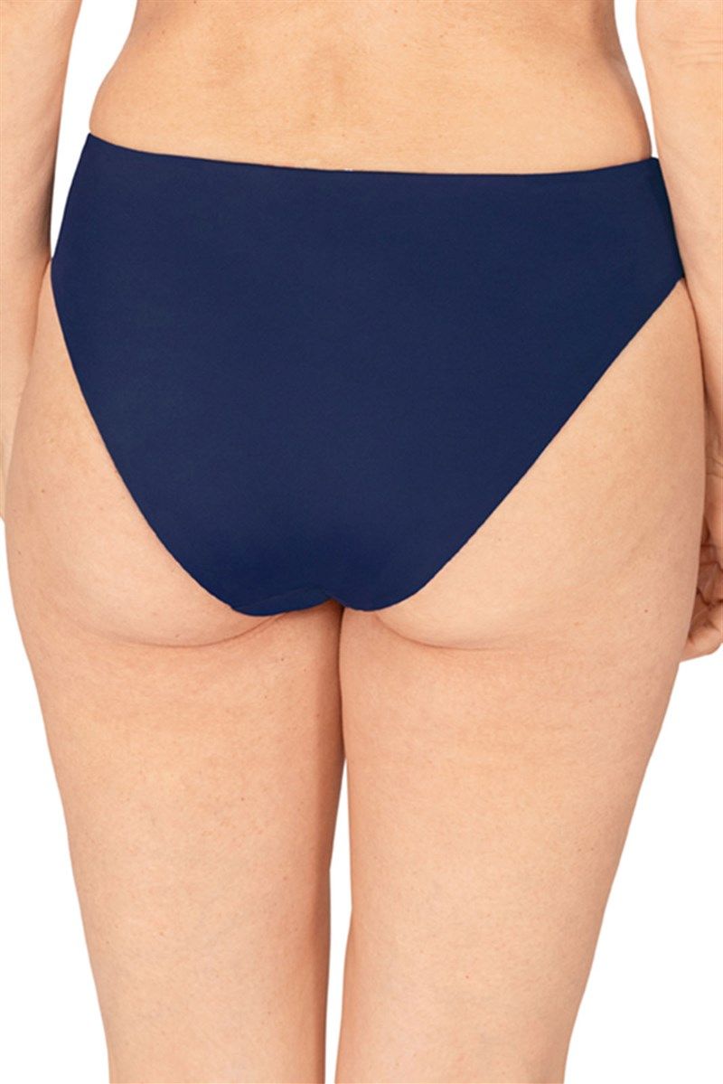 Einfarbige Bikinihose in Marineblau. Rückansicht. Glatter Stoff.
