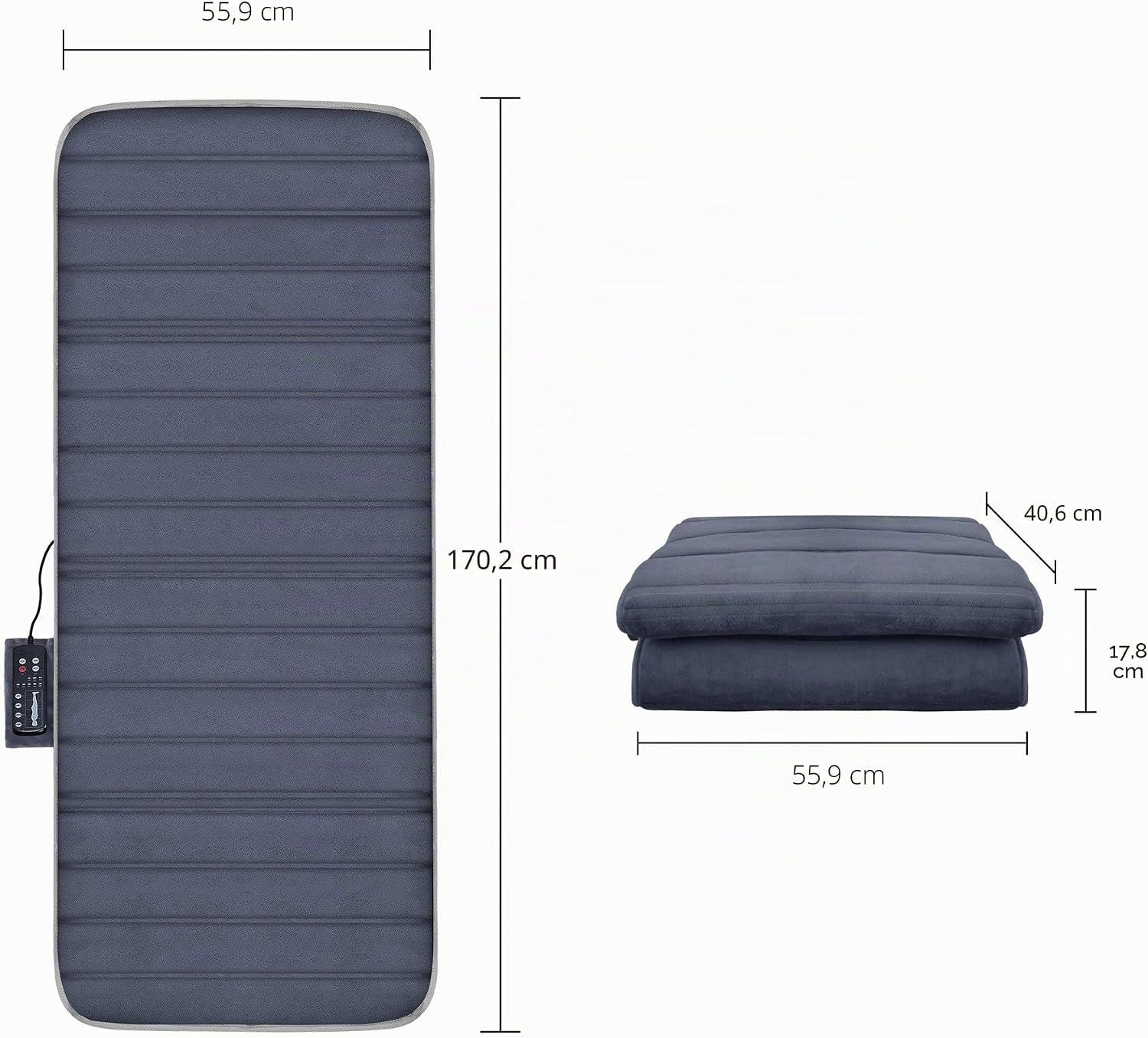 Massageauflage mit Heizfunktion und Vibrationspunkten. Maße: 170,2 cm x 55,9 cm. Gefaltet: 40,6 cm x 17,8 cm x 55,9 cm.