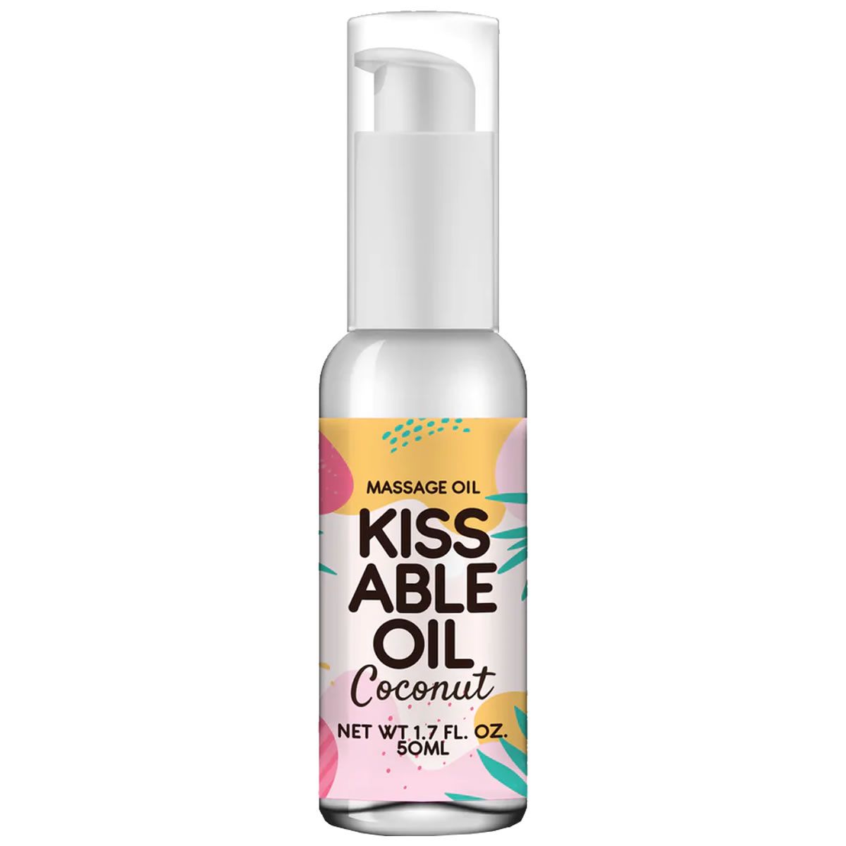 Körperöl-Flasche mit Pumpkopf. Aufschrift: Massage Oil, Kissable Oil, Coconut. Floral-Design. Nettoinhalt 1.7 fl. oz. / 50ml.