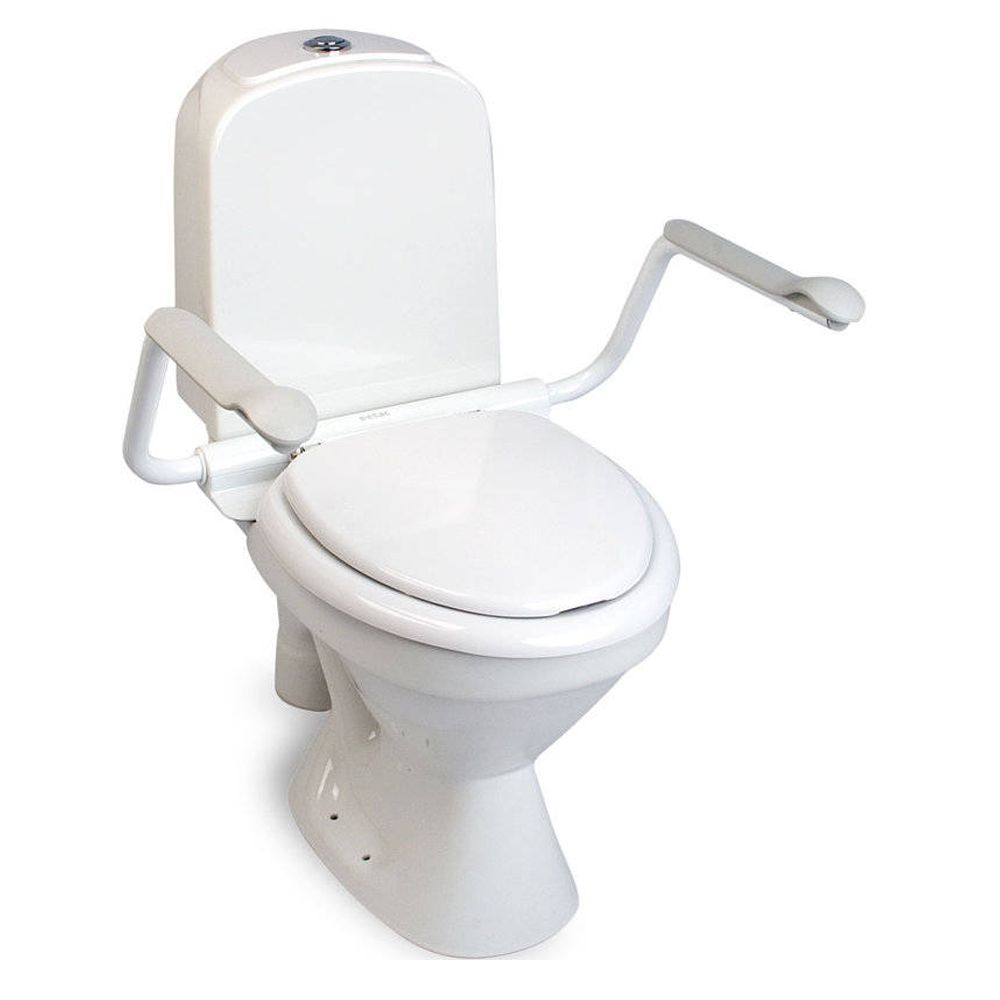 Weiße Toilette mit Armlehnen. Die Armlehnen sind an der Toilettenschüssel befestigt und haben eine abgerundete Form.