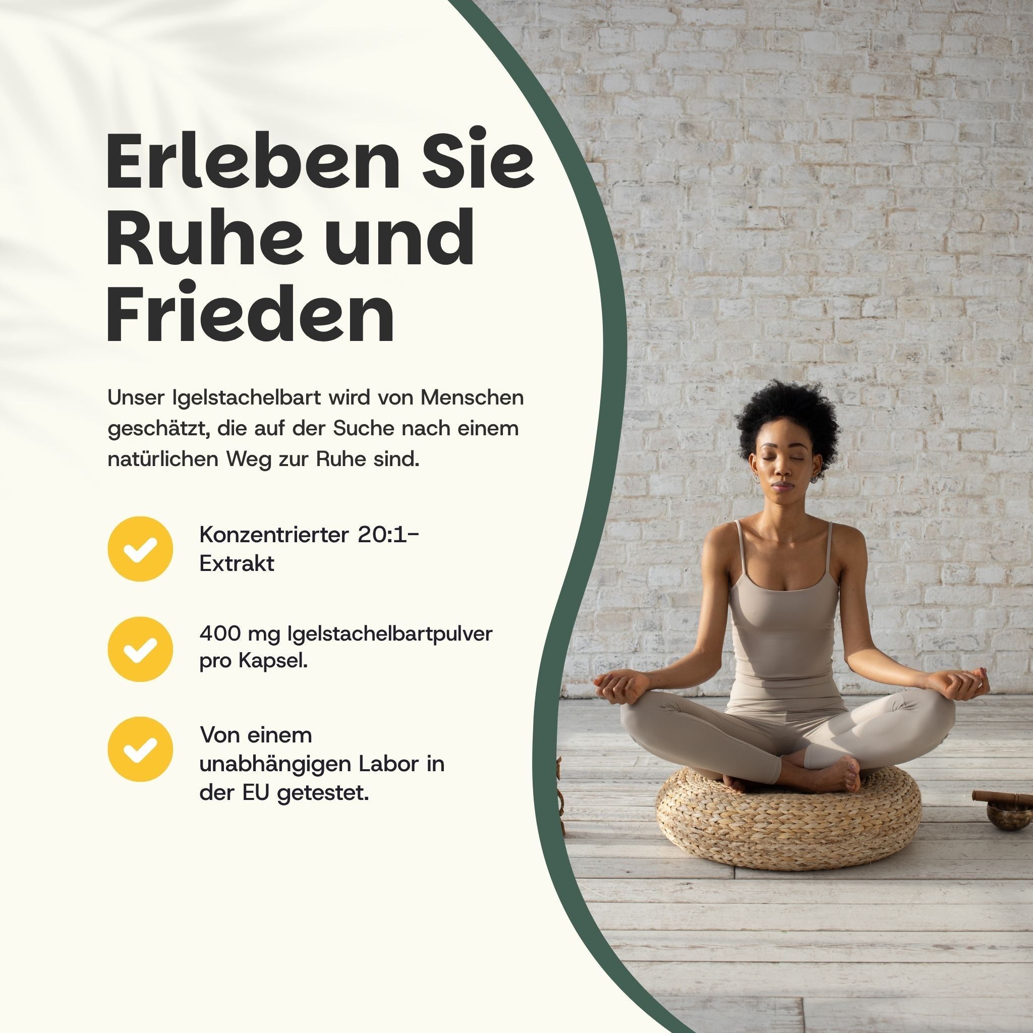 Beutel mit Kapseln. Aufschrift: LION'S MANE CAPSULES, EXTRACT 20:1. 60 Kapseln. Kundenbewertungen.