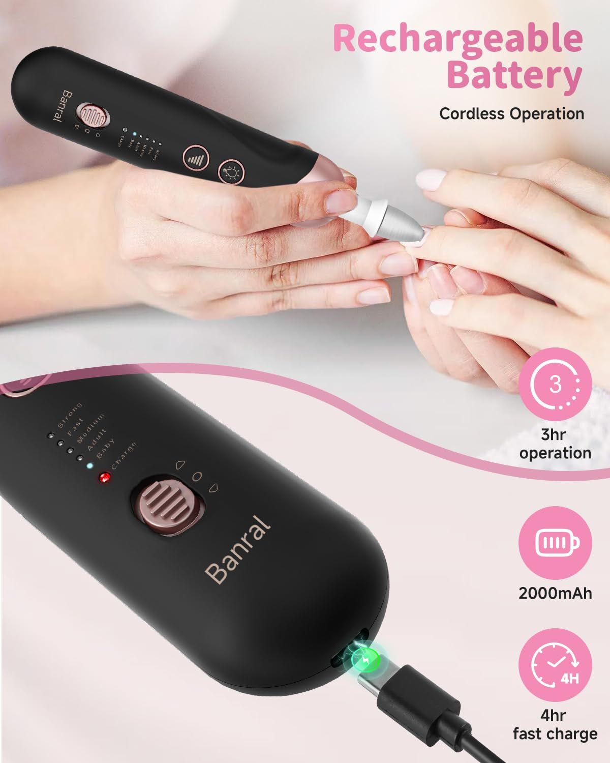 Elektrisches Maniküre-Set. Schwarz, Roségold. Wiederaufladbar. 3 Stunden Betrieb, 2000mAh, 4 Stunden Schnellladung. Banral.