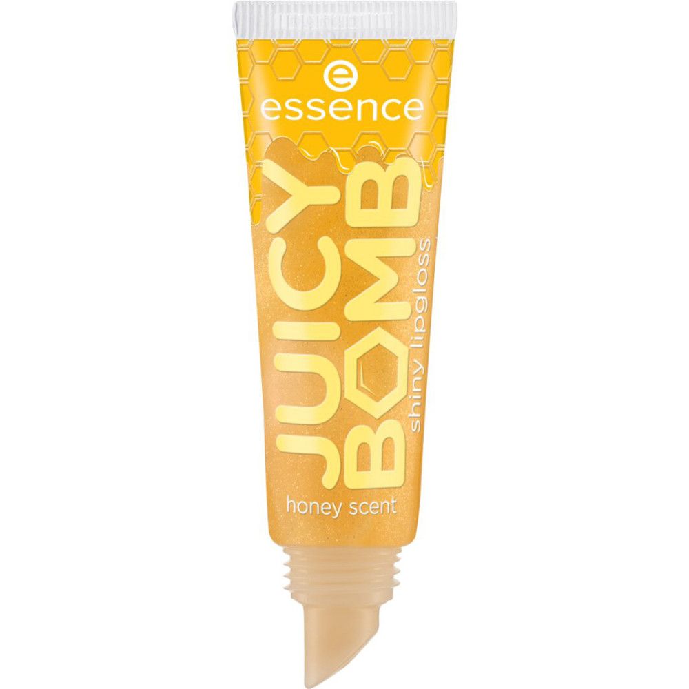 Essence Juicy Bomb Shiny Lipgloss. Gelbe Tube mit Honig-Design. Schriftzug: Juicy Bomb, shiny lipgloss, honey scent. Applikator sichtbar.