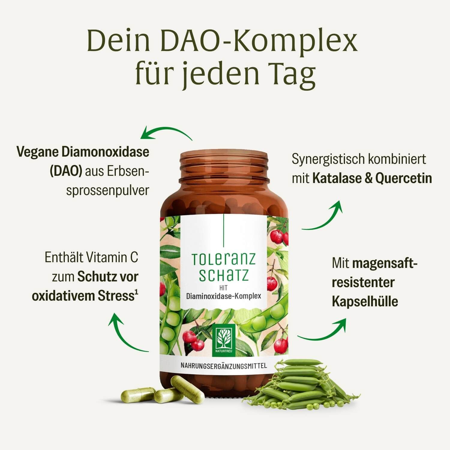 Flasche DAO-Komplex Kapseln mit Hinweisen zu Inhaltsstoffen und magensaftresistenter Hülle.