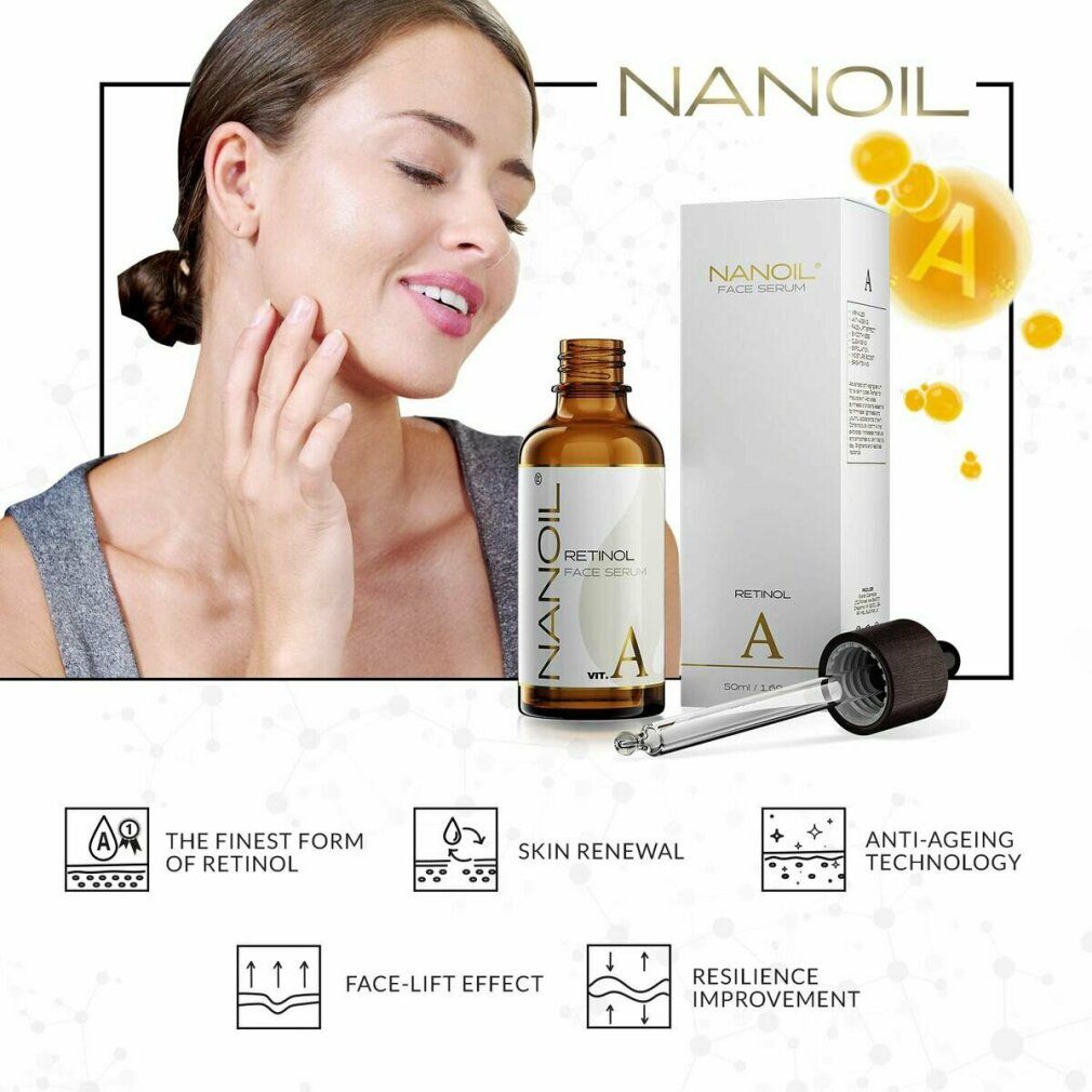 Braune Glasflasche und Verpackung von Nanoil Gesichtsserum mit Retinol. Frau berührt ihr Gesicht. Aufschrift: Retinol, A.