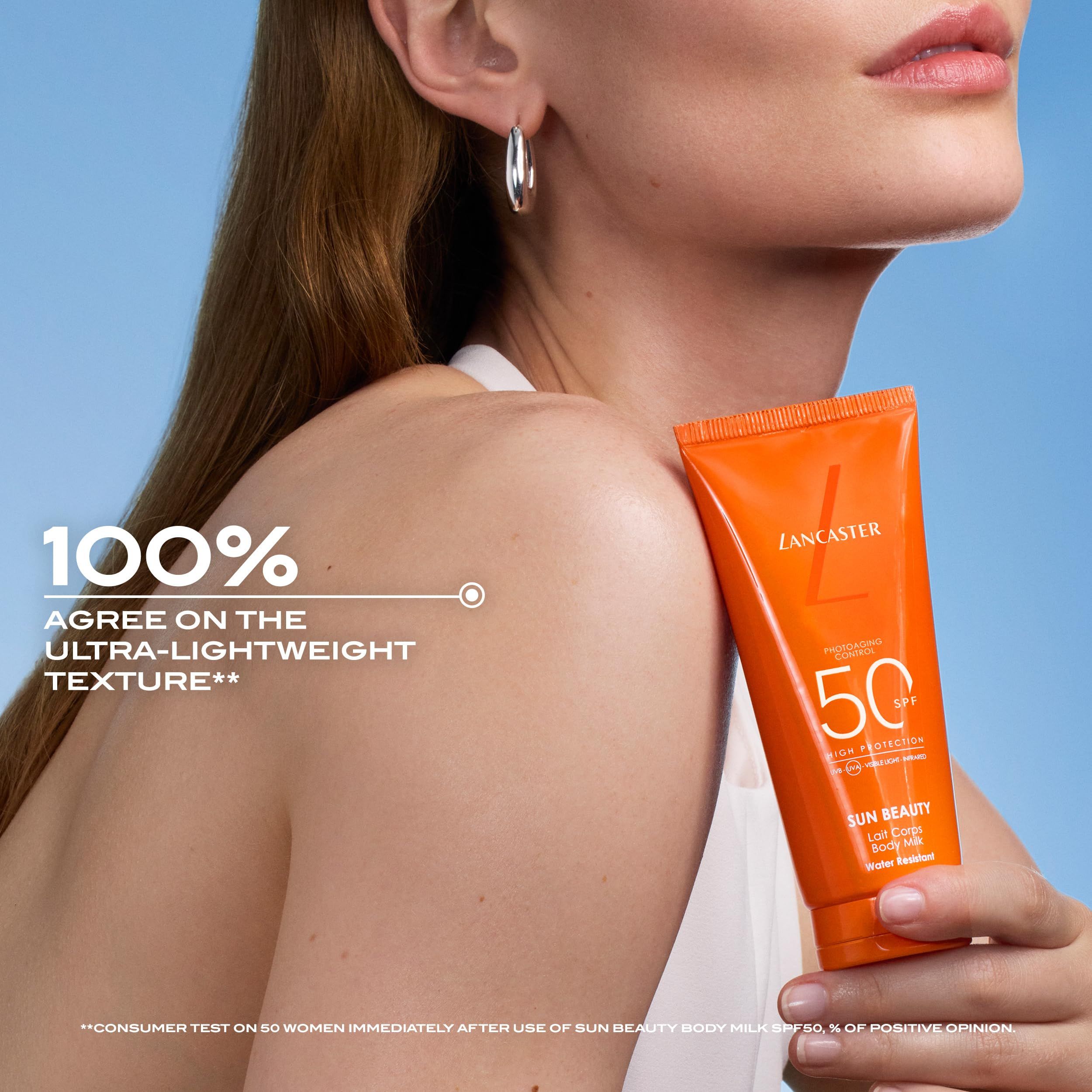 Frau hält eine orangefarbene Tube. Text: Lancaster, Sun Beauty, SPF 50. Text: 100% stimmen der leichten Textur zu.