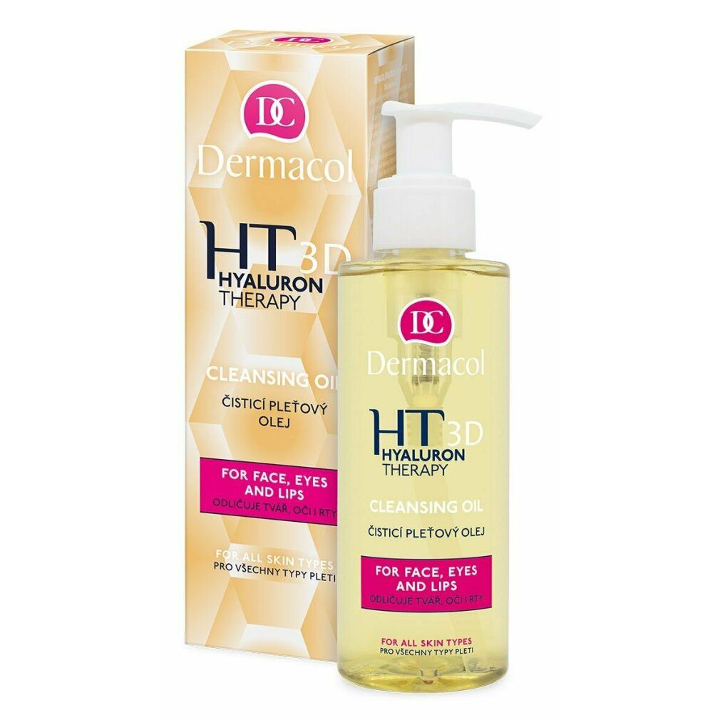 Gesichtsreinigungsöl mit Pumpe und Karton. Aufschrift: Dermacol HT 3D Hyaluron Therapy Cleansing Oil.