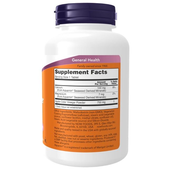 Weiße Flasche mit lila Deckel. Etikett mit "Supplement Facts" und Inhaltsangaben. "Apple Cider Vinegar Powder" 750 mg.