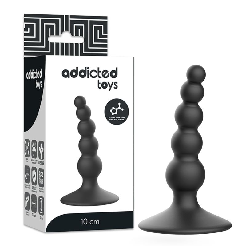 Verpackung mit schwarzem Analplug. Auf der Verpackung steht "Addicted Toys" und "10 cm".