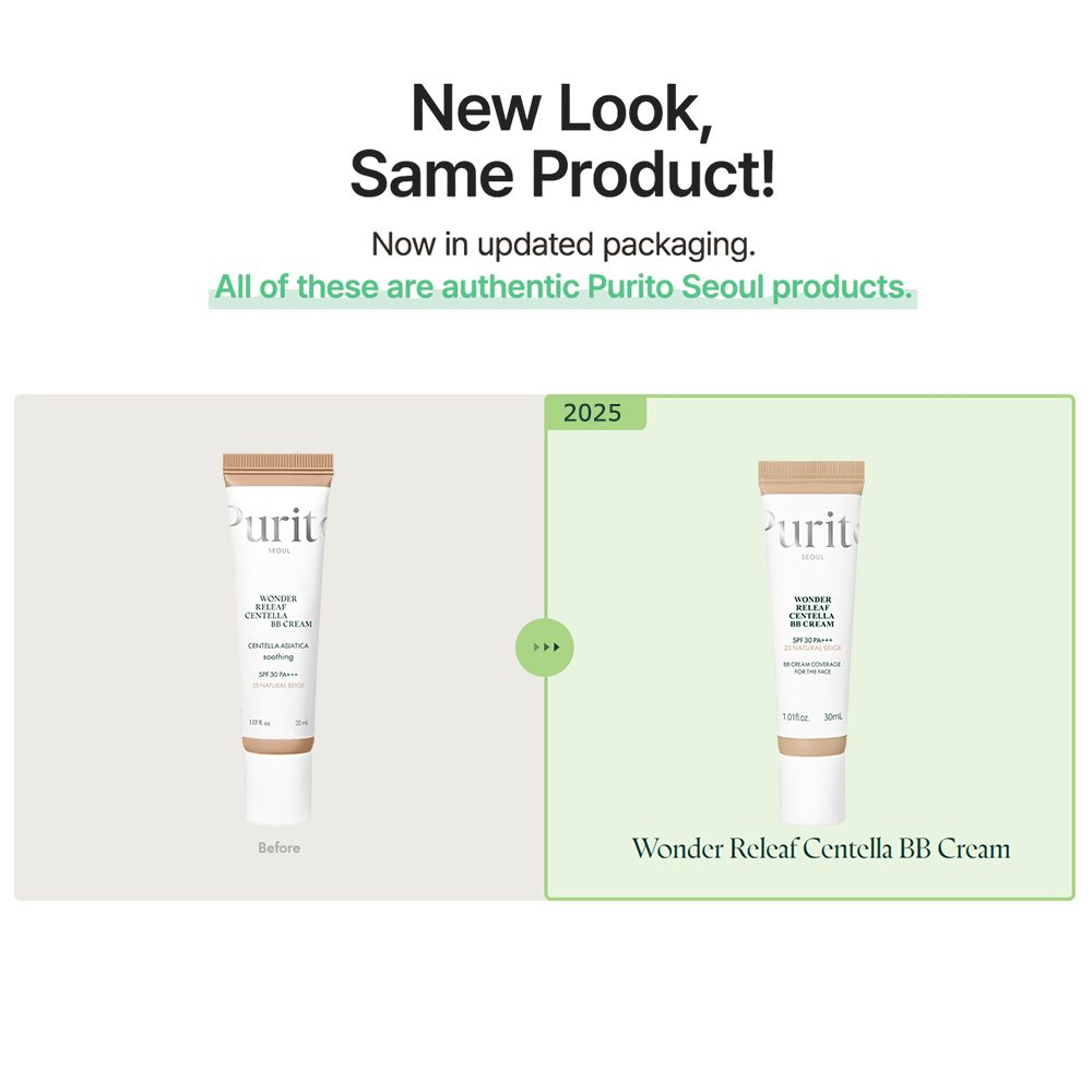 Vergleich von Verpackungen der Wonder Releaf Centella BB Cream. Links: alte Verpackung. Rechts: neue Verpackung. Text: 2025.