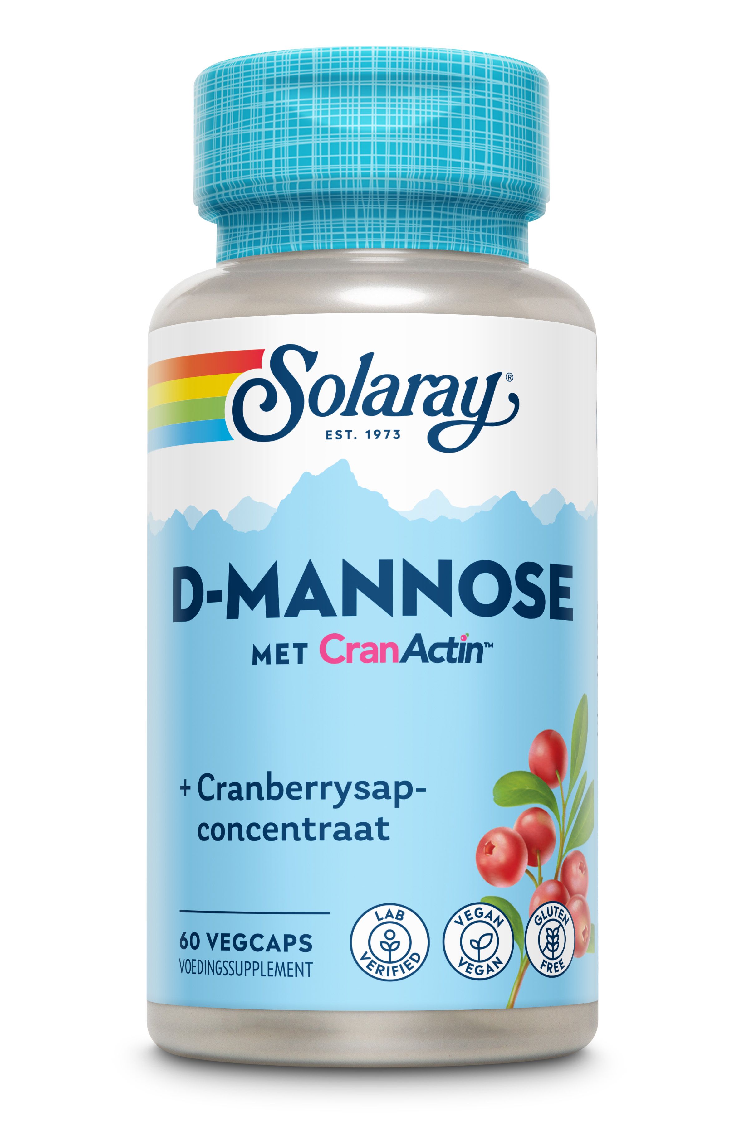 Flasche mit Solaray D-Mannose. Aufschrift: D-Mannose, CranActin, Cranberrysap-concentraat. 60 Vegcaps. Vegan, glutenfrei.