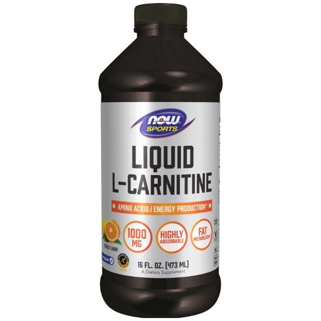 Now Sports L-Carnitine Flüssigkeit in dunkler Flasche mit silbernem Etikett. Zeigt 1000 mg, hoch absorbierbar und Fettstoffwechsel.