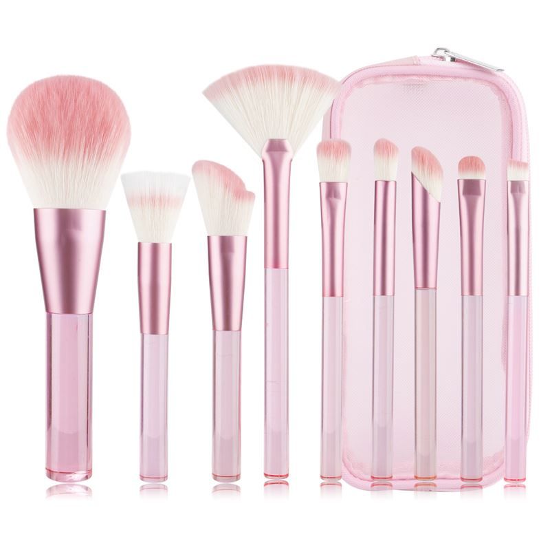 Rosa Make-up-Pinsel-Set mit Etui. Pinsel mit transparenten Griffen und rosa Borsten. Auf weißem Hintergrund.