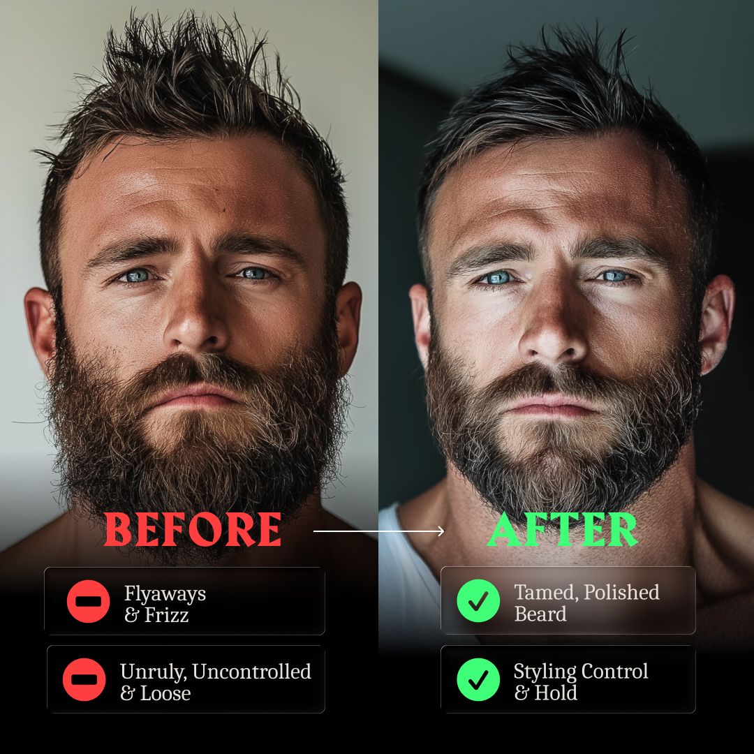 Vorher/Nachher-Vergleich eines Bartes. Vorher: unordentlich. Nachher: gepflegt und gestylt.
