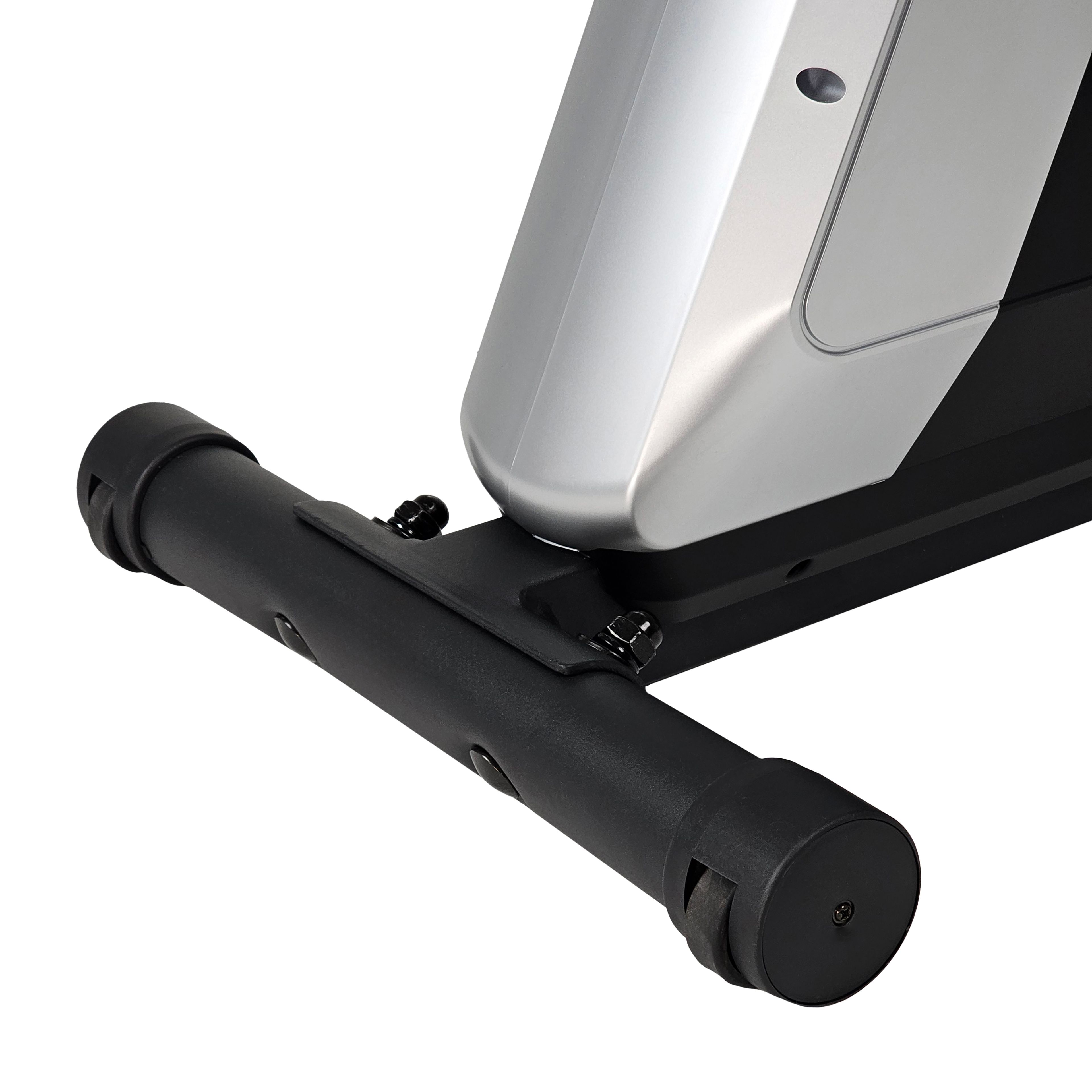 Heimtrainer Activ. Schwarze Basis mit Rollen. Silberne Akzente.