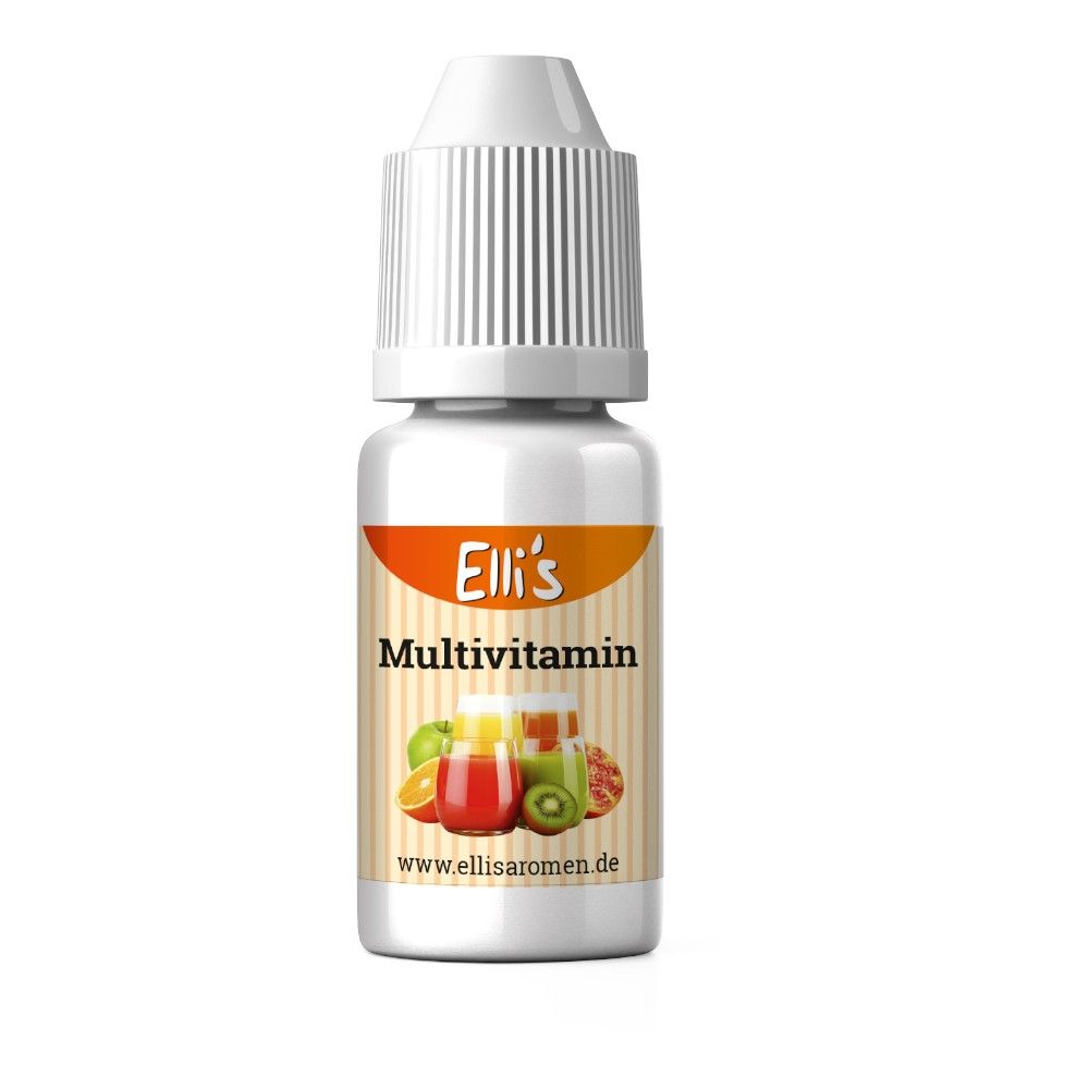 Fläschchen mit weißem Deckel. Aufkleber mit "Elli's Multivitamin" und Fruchtbildern. Website-Adresse.