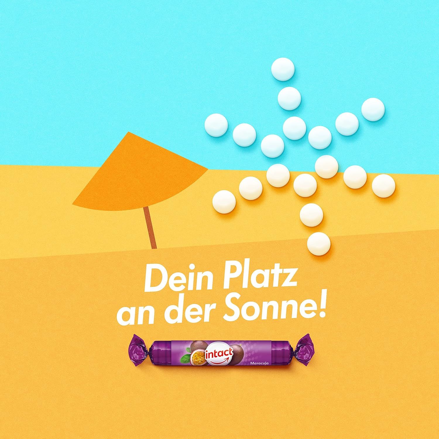 Eine Rolle Traubenzucker und weiße Tabletten auf einem Strandhintergrund. Text: Dein Platz an der Sonne!