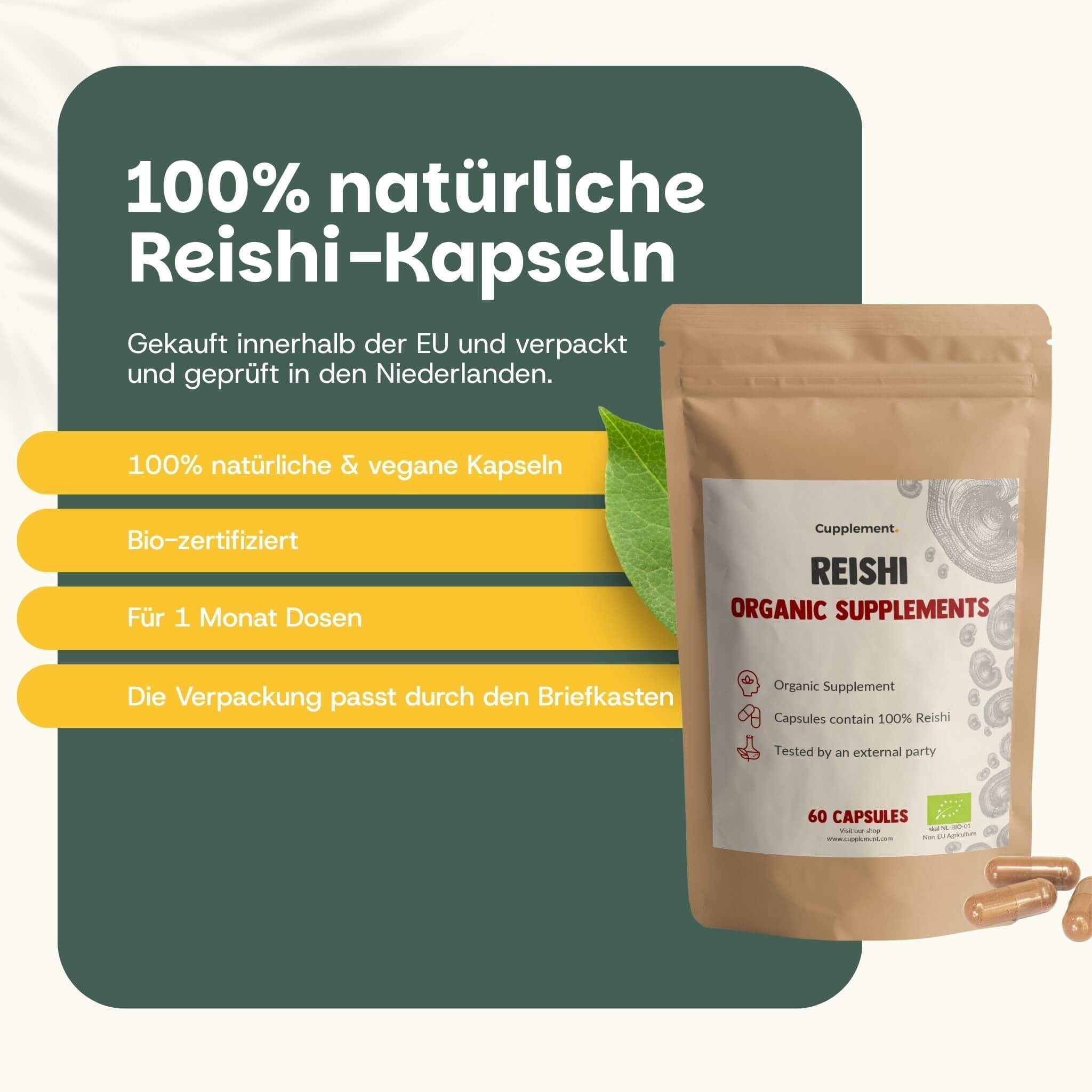 Beutel mit Reishi-Kapseln. Text: Warum Sie sich für unseren Reishi entscheiden sollten. Kraftpapierbeutel, vegane Kapseln.