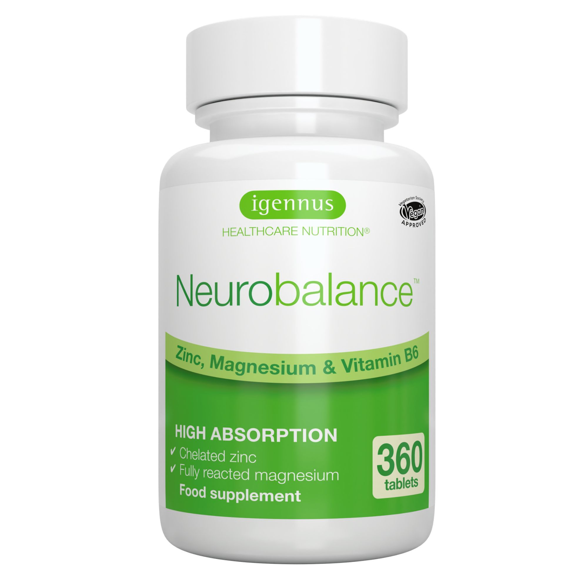 Eine Flasche Igennus Neurobalance mit 360 Tabletten. Text: Zinc, Magnesium & Vitamin B6.