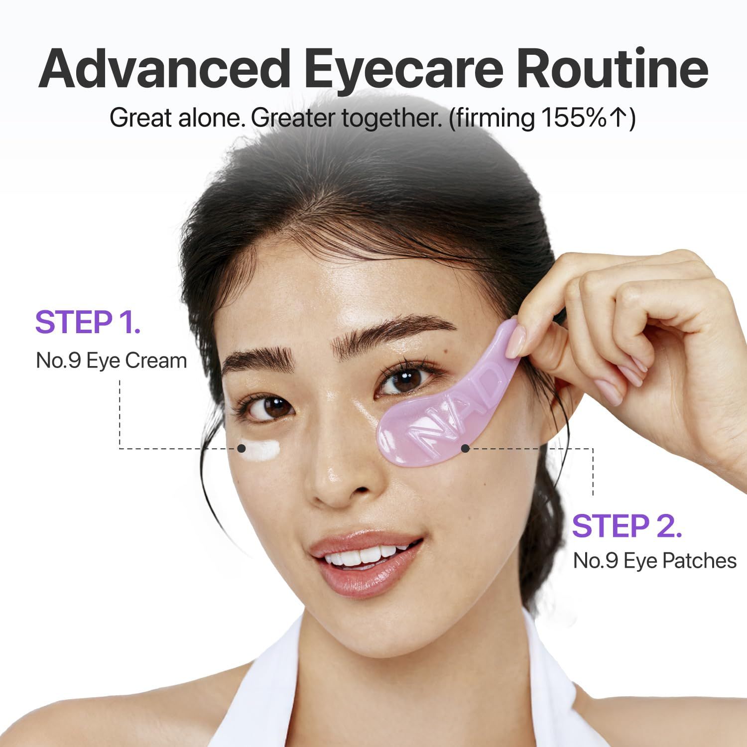 Frau mit Augen-Pads. Text: Advanced Eyecare Routine. Schritte: No.9 Eye Cream, No.9 Eye Patches.