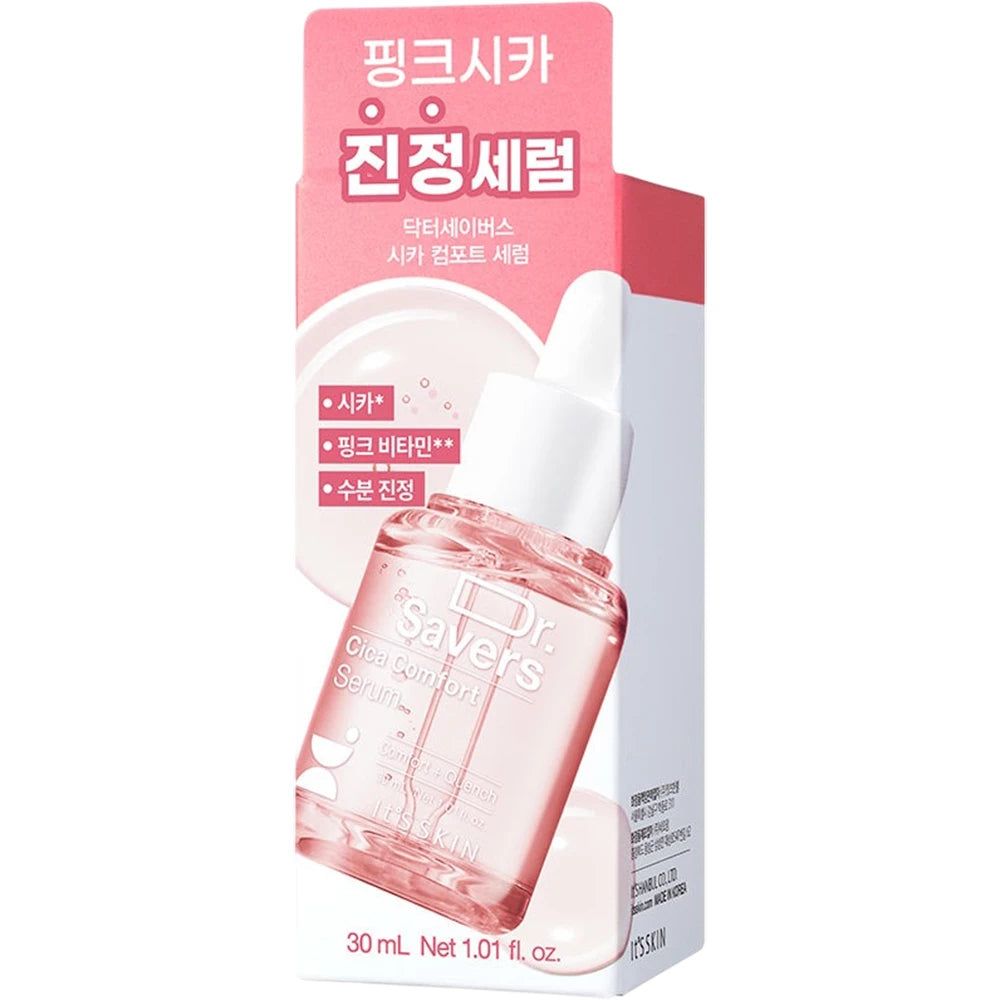 Rosa Serumflasche in Verpackung. Text: Dr. Savers Cica Comfort Serum. 30 ml.