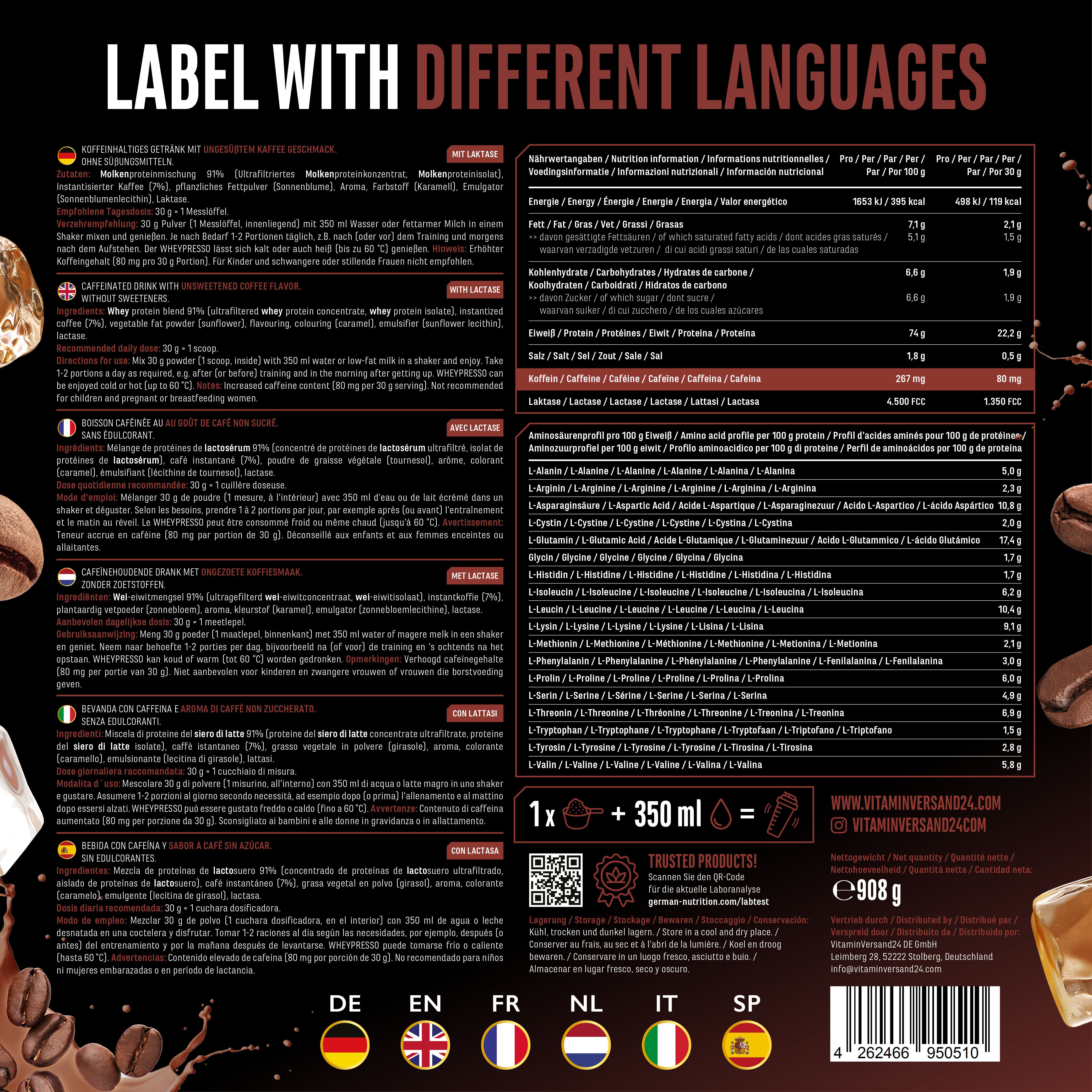 Rückseite der Wheypresso Protein Coffee Verpackung. Enthält Text in verschiedenen Sprachen, Nährwertangaben und Kontaktinformationen.