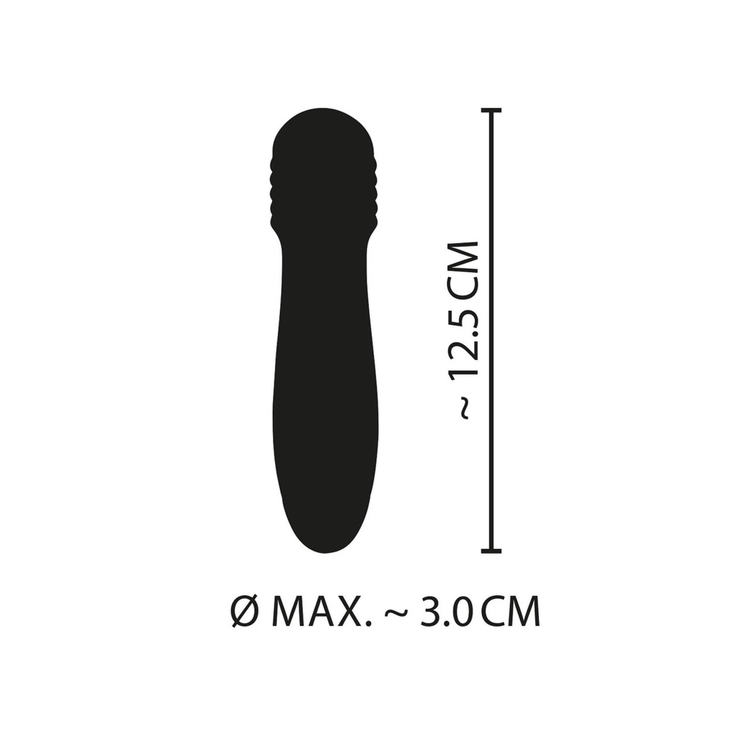 Schwarz-weiß-Umriss des Vibrators mit Größenangaben: 12,5 cm lang, max. 3,0 cm Durchmesser.