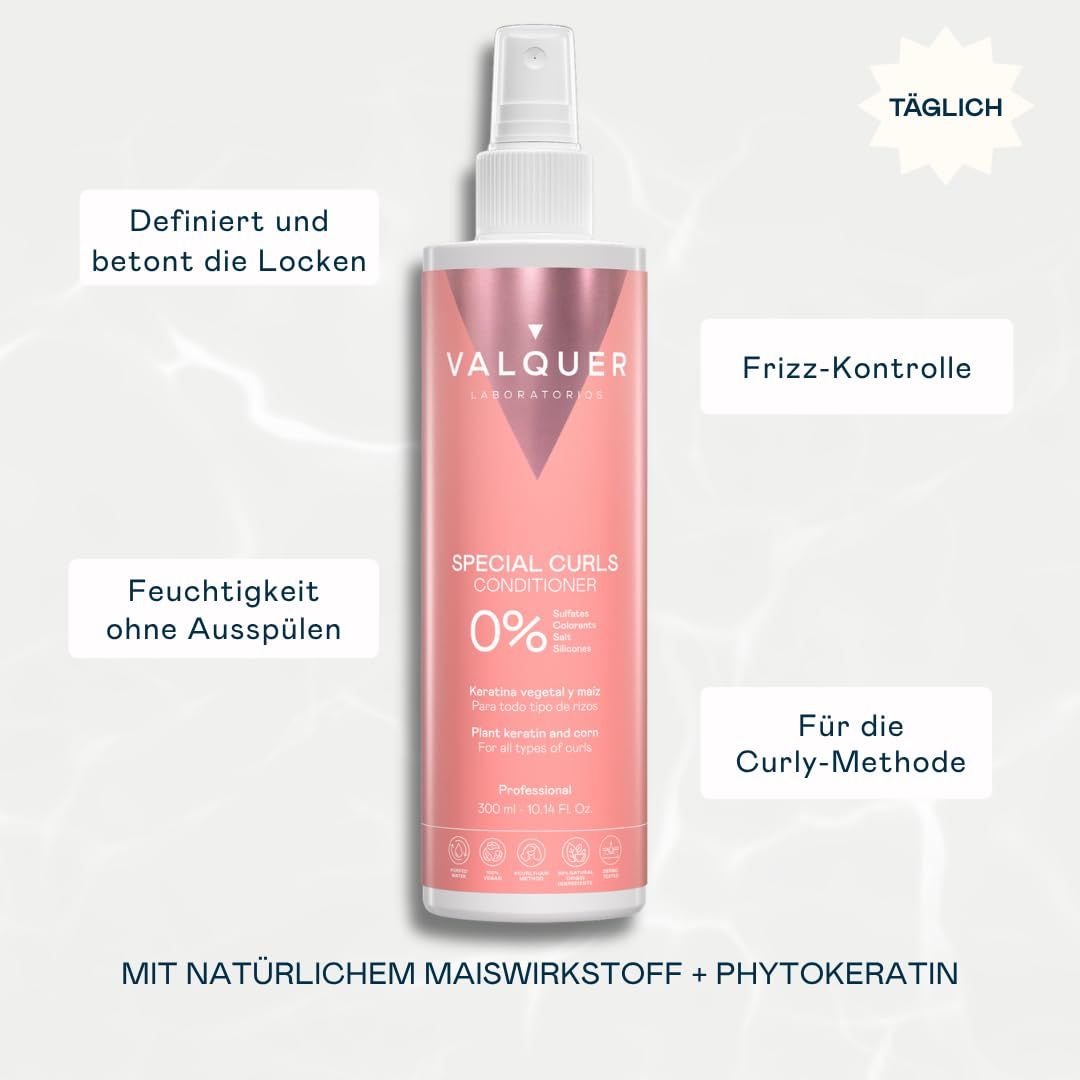 Flasche mit rosa Pumpsprühflasche, beschriftet mit 'VALQUER SPECIAL CURLS CONDITIONER'.