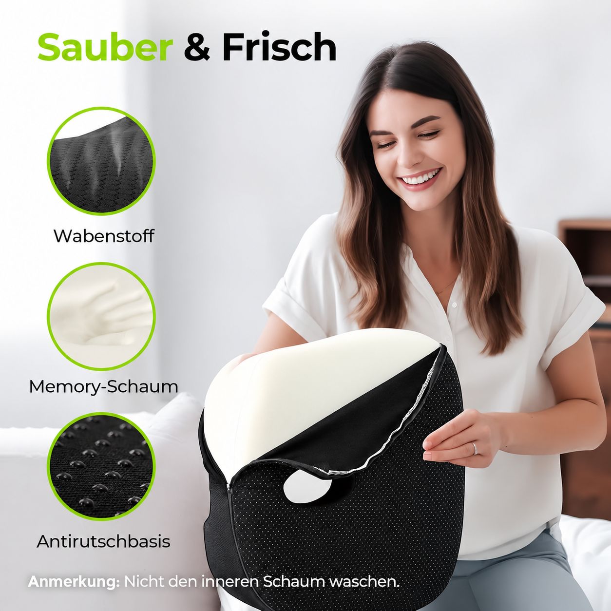 Sitzkissen mit Wabenstoff, Memory-Schaum und Antirutschbasis, abnehmbarer Bezug.