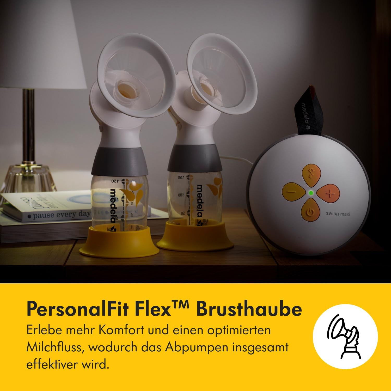 Elektrische Milchpumpe auf einem Tisch. Text: "PersonalFit Flex™ Brusthaube".