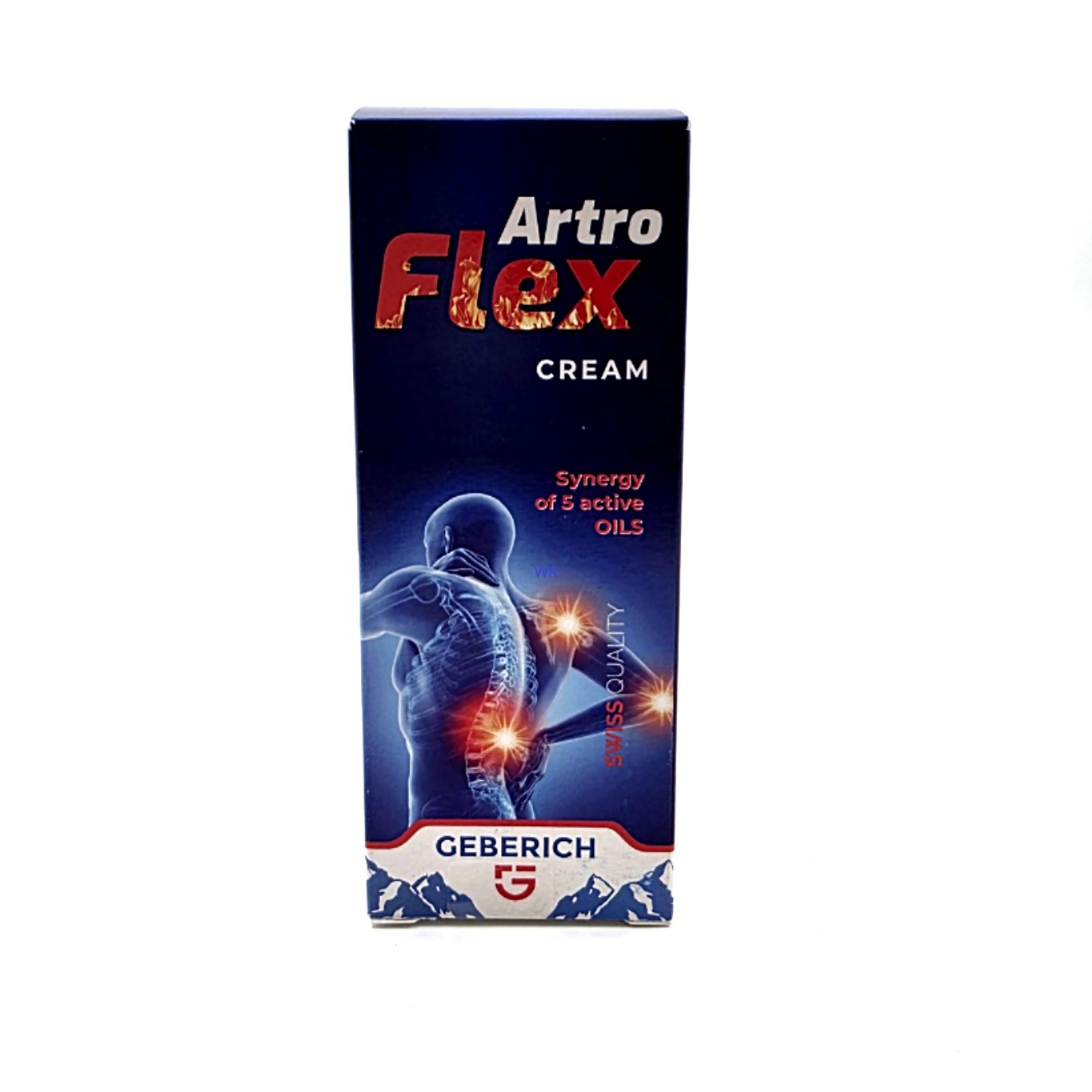 Schachtel mit Produktnamen. Abbildung eines menschlichen Rückens mit Schmerzpunkten. Text: Swiss Quality. Marke Geberich.