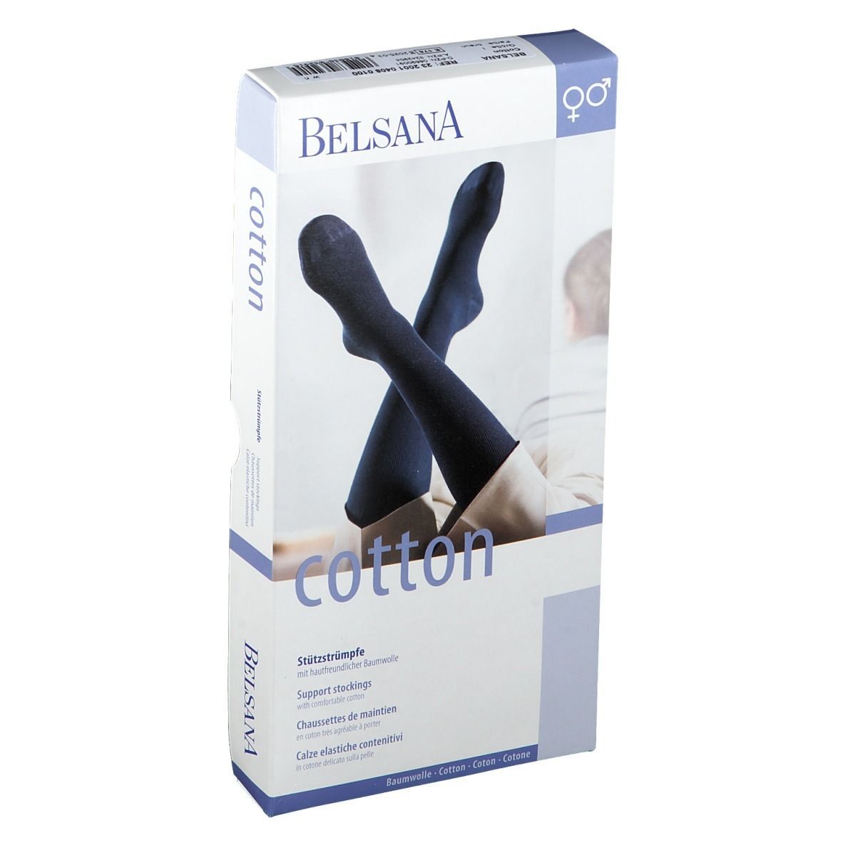 BELSANA Cotton Stützkniestrumpf Verpackung. Produktabbildung. Farbe braun. Größe 36-38.