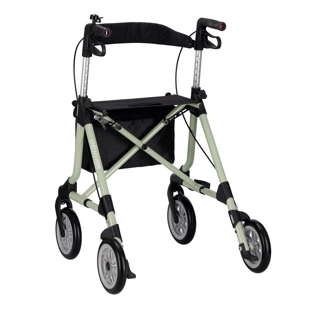 Rollator mit vier Rädern, hellgrünem Rahmen, schwarzem Sitz und Tasche. Ansicht von vorne.