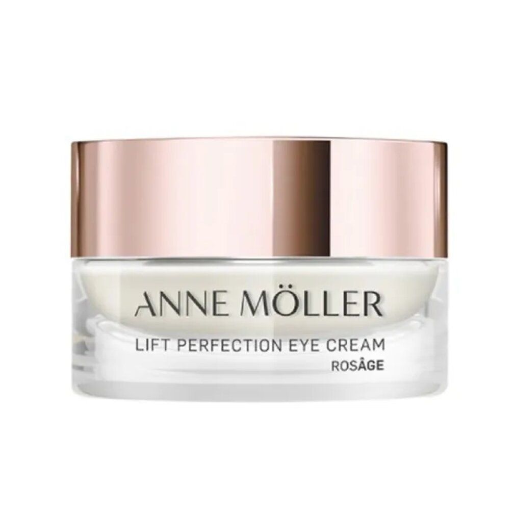 Cremebehälter mit roségoldfarbenem Deckel. Aufschrift: ANNE MÖLLER, LIFT PERFECTION EYE CREAM, ROSÂGE.
