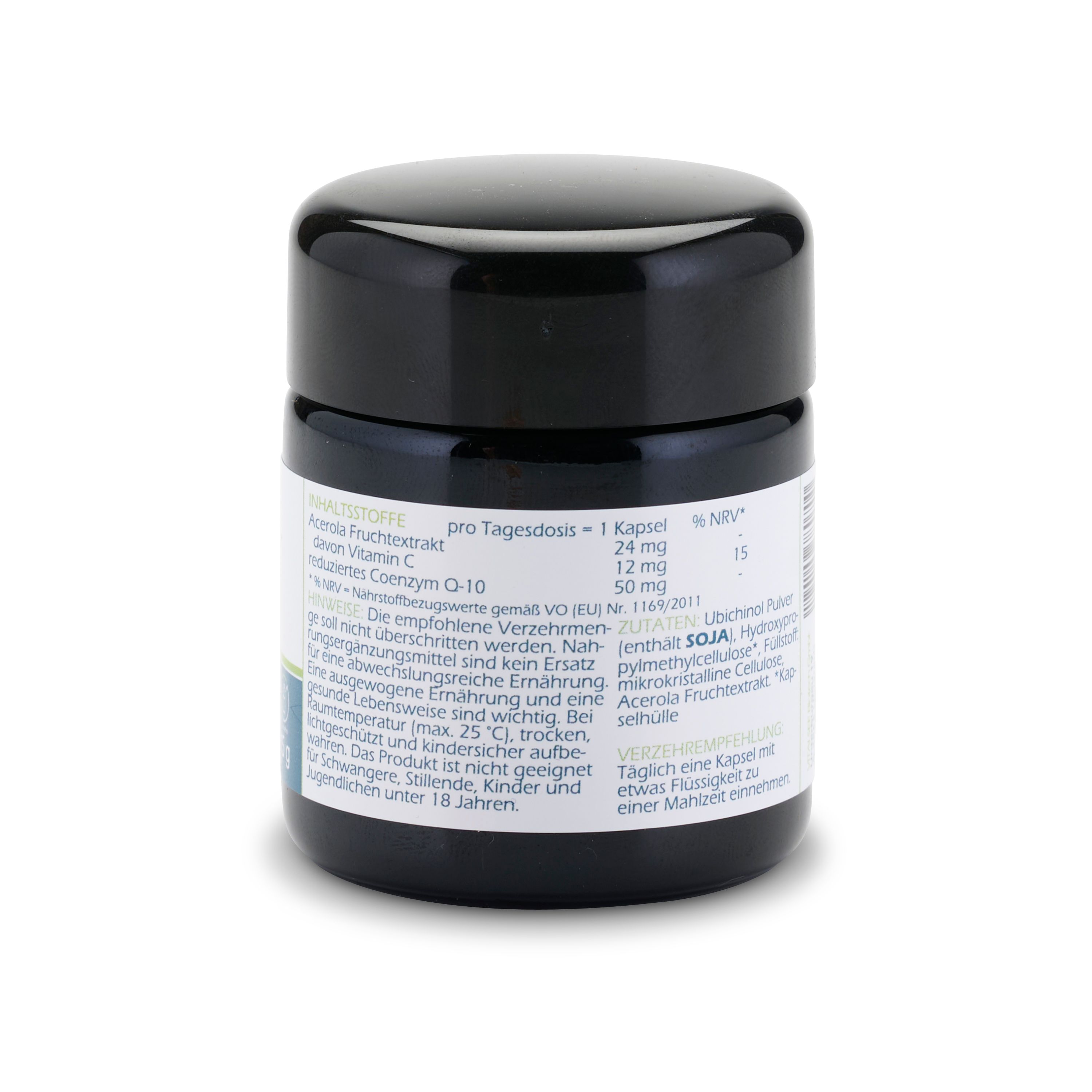 Rückseite der schwarzen Dose. Enthält Informationen zu Inhaltsstoffen, Dosierung und Zutaten. Text in deutscher Sprache.