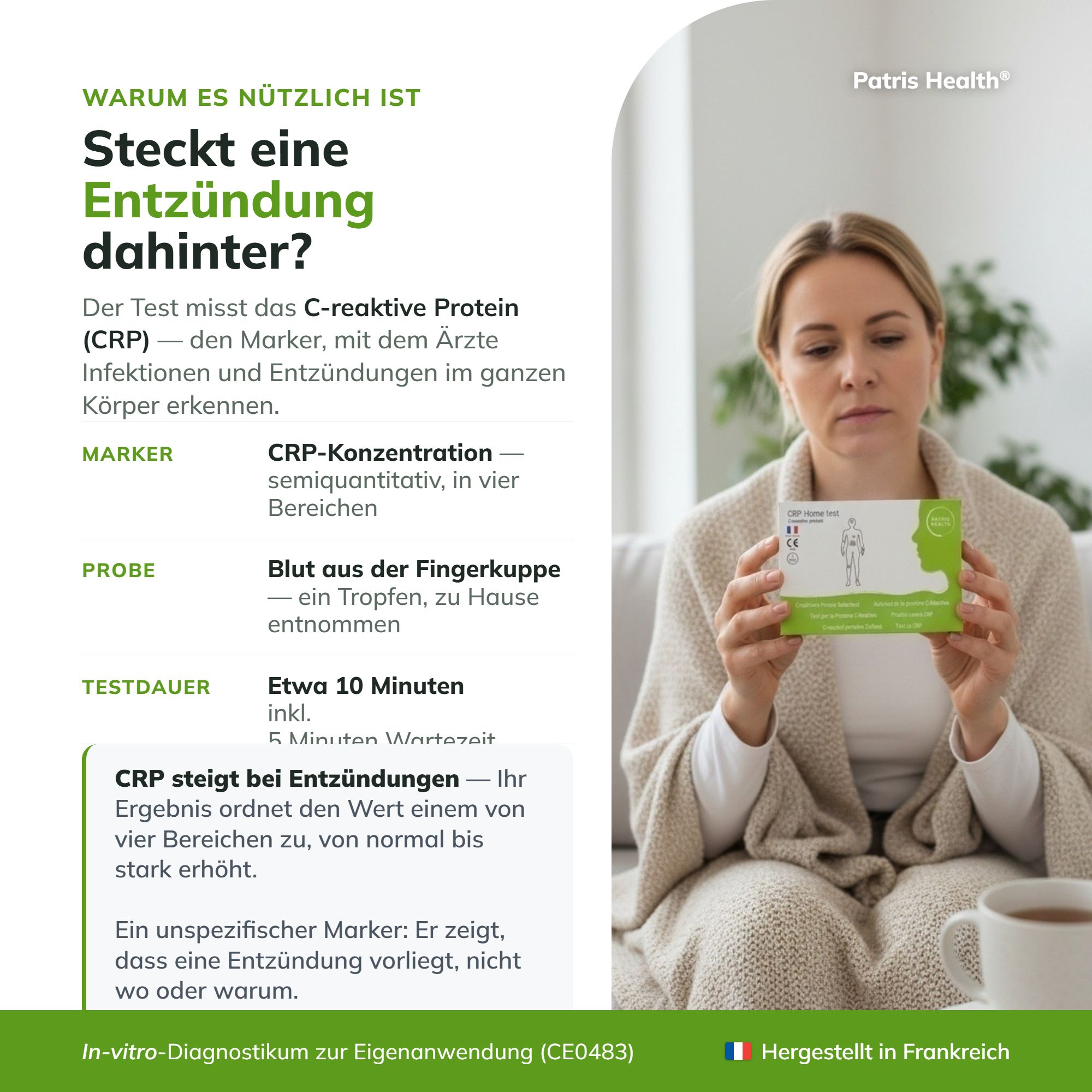 Warum nützlich? CRP Test misst Entzündungsmarker. Blut aus Fingerkuppe, Ergebnis in 10 Min. Made in France.