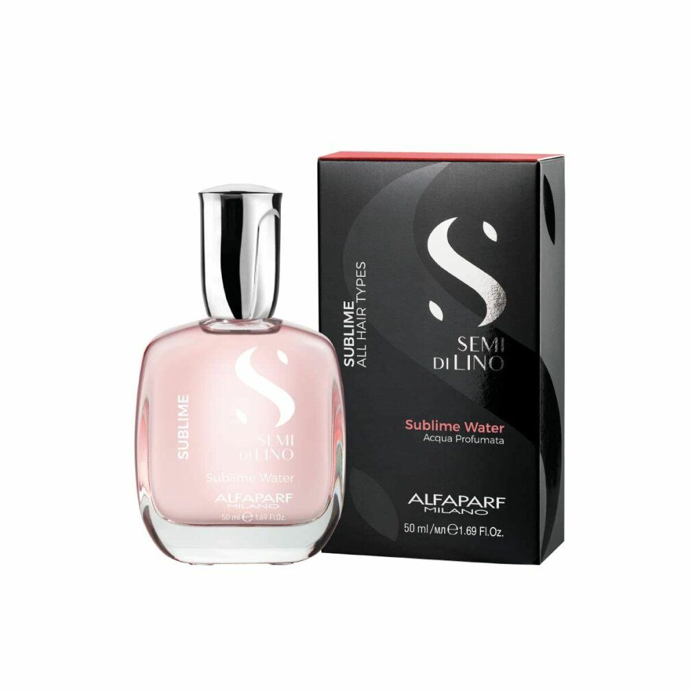 Rosa Flüssigkeit in Glasflasche mit silbernem Verschluss und schwarzer Verpackung. Aufschrift: Sublime, Semi di Lino, Alfaparf Milano.