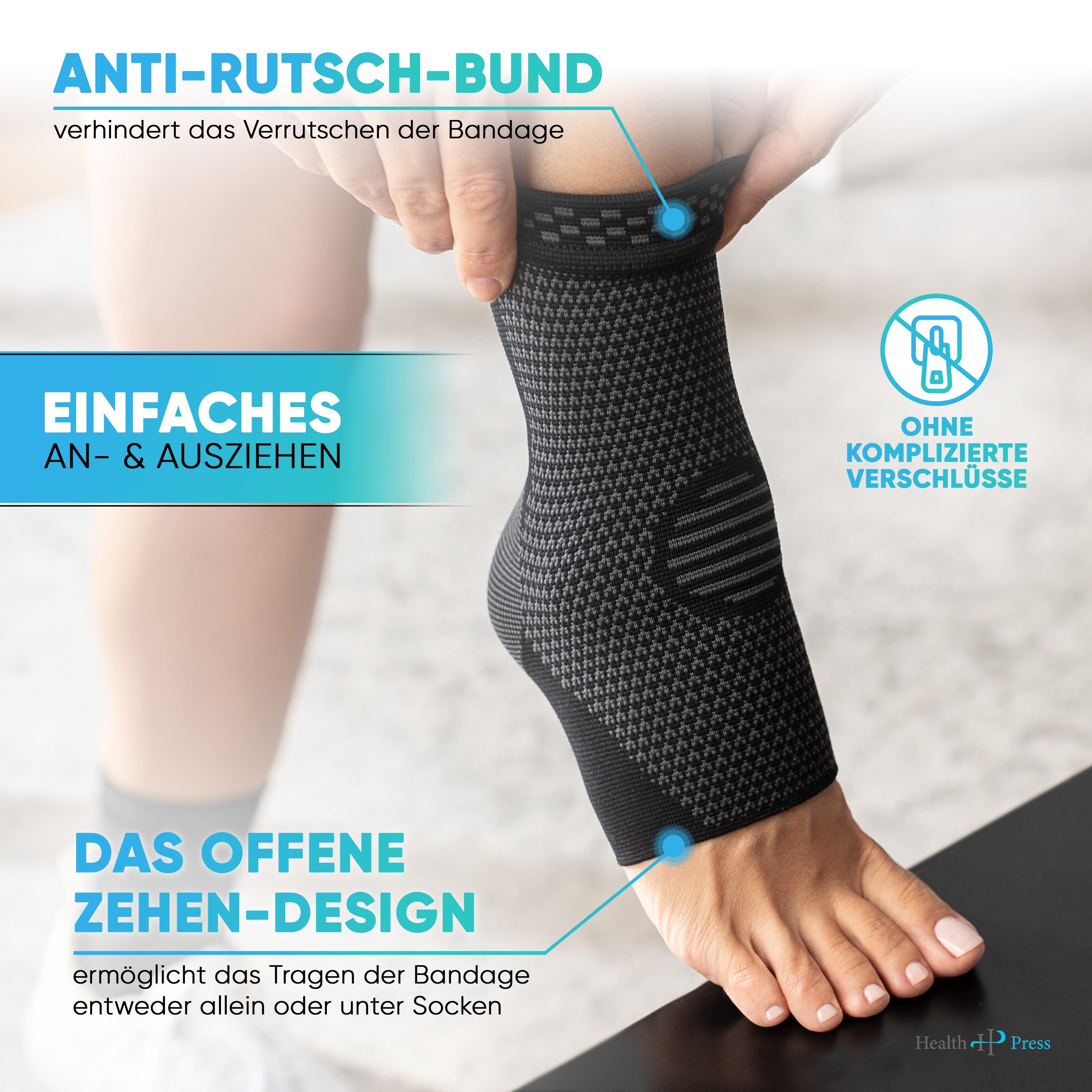 Sprunggelenkbandage am Fuß. Anti-Rutsch-Bund. Einfaches An- & Ausziehen. Offenes Zehen-Design. Ohne komplizierte Verschlüsse. Geometrisches Muster.
