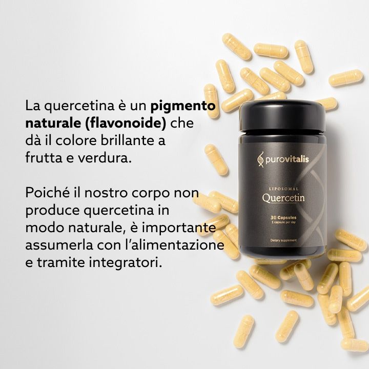 Dose mit Kapseln und Text auf Italienisch. Kapseln gelb. Dose: "Liposomales Quercetin", "30 Kapseln". Marke: Purovitalis.