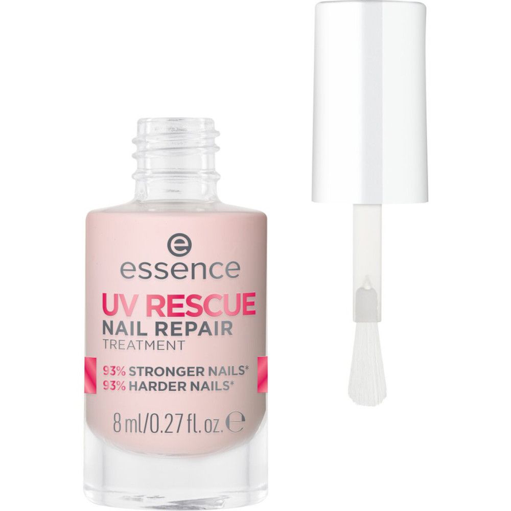 Essence UV Rescue Nagelreparaturpflege mit geöffnetem Deckel und Pinsel. Hellrosa Fläschchen, 8ml.