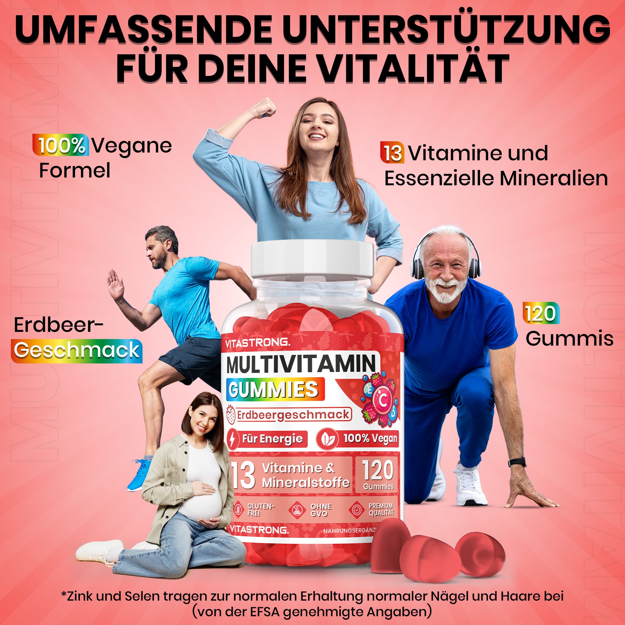 Werbebild mit Menschen, Gummibärchen und Text. Vitastrong Multivitamin Gummies, Erdbeergeschmack, 120 Stück, 13 Vitamine & Mineralstoffe.