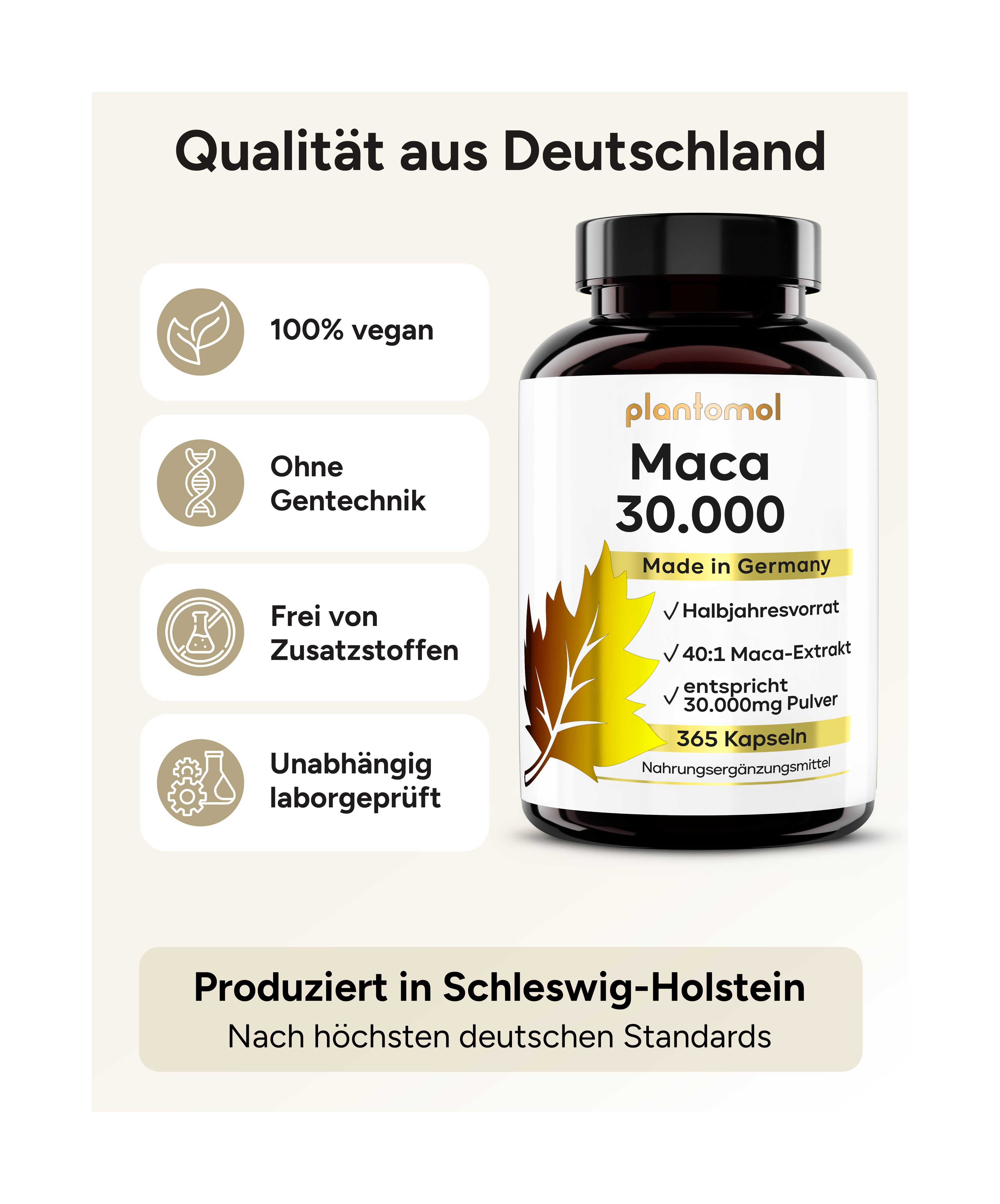 Braune Flasche plantomol® Maca 30.000. 100% vegan, ohne Gentechnik, frei von Zusatzstoffen, laborgeprüft. Hergestellt in Deutschland.