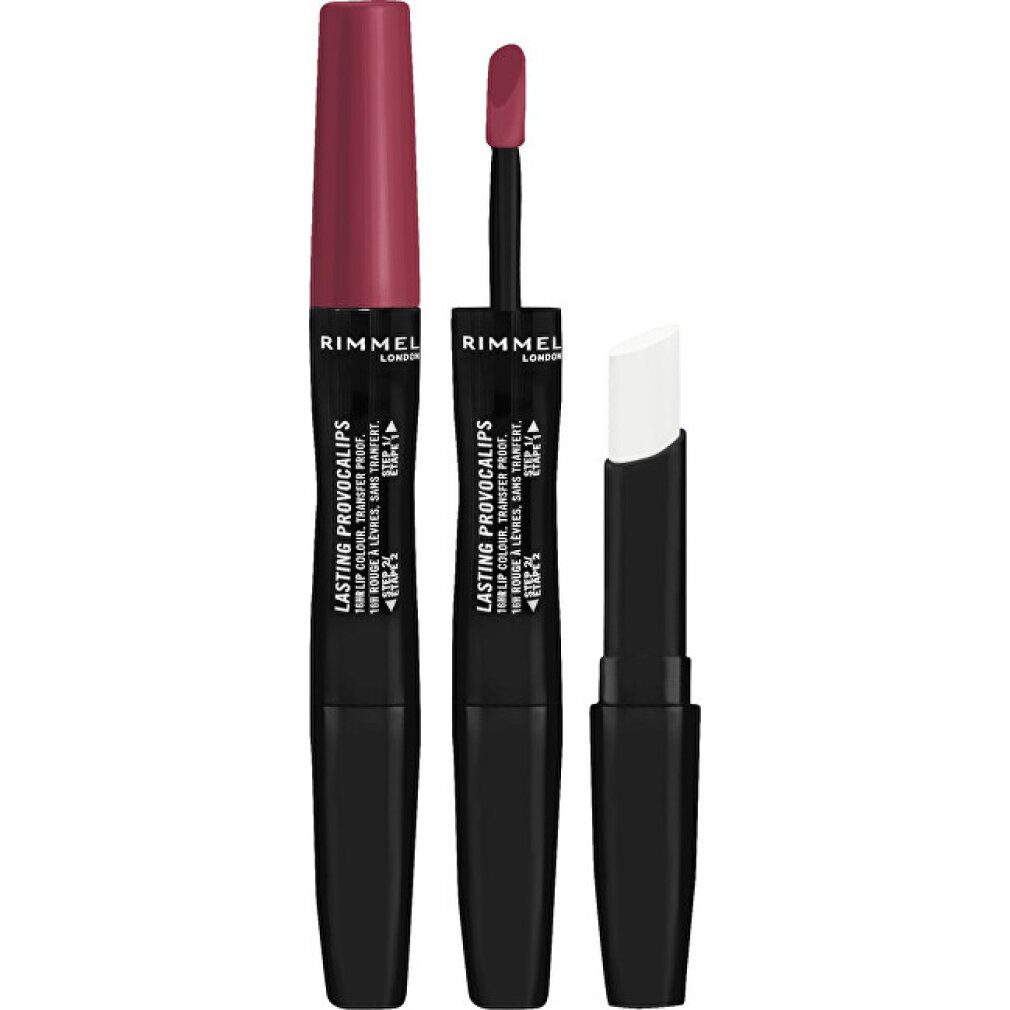Lippenstift-Set mit zwei Lippenstiften und einem Balsam. Schwarze Verpackung, rosa und weiß.