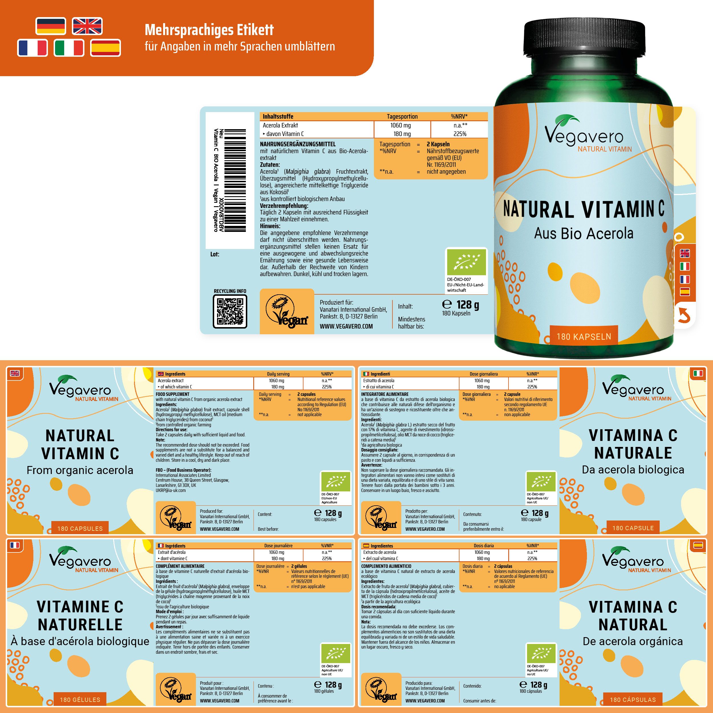 Mehrsprachiges Etikett mit Informationen. Flasche mit NATURAL VITAMIN C. Vegan-Siegel. Bio-Zertifizierung. 180 Kapseln.