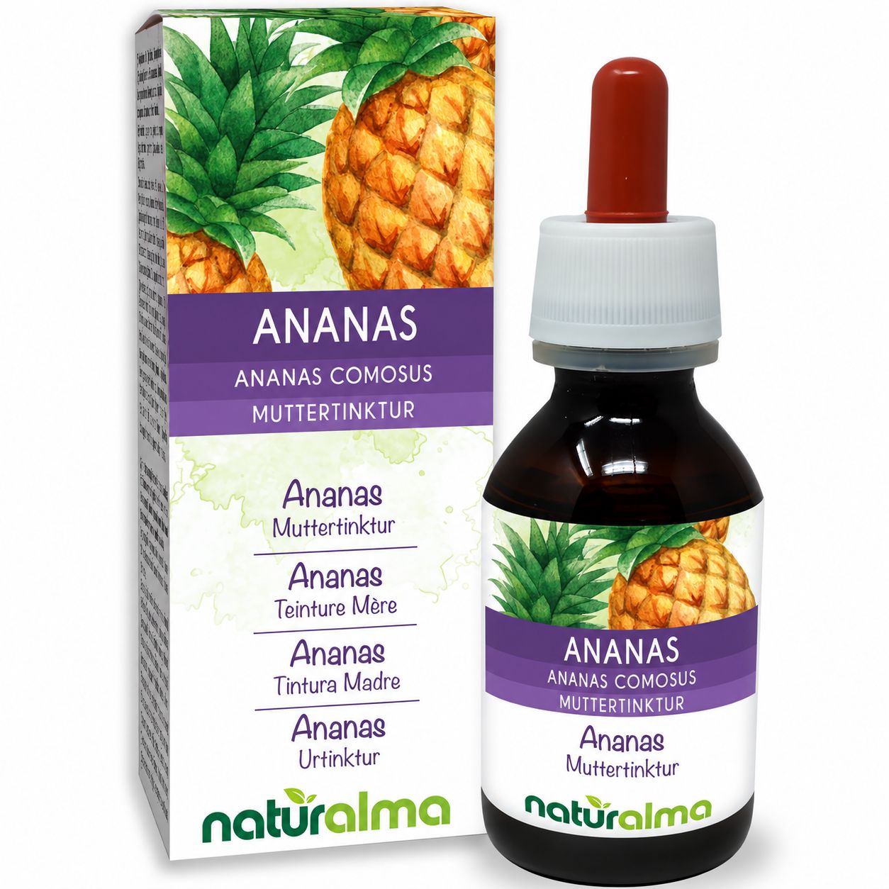 Ananas Muttertinktur von naturalma in Braunglasflasche mit Pipette und Faltschachtel.