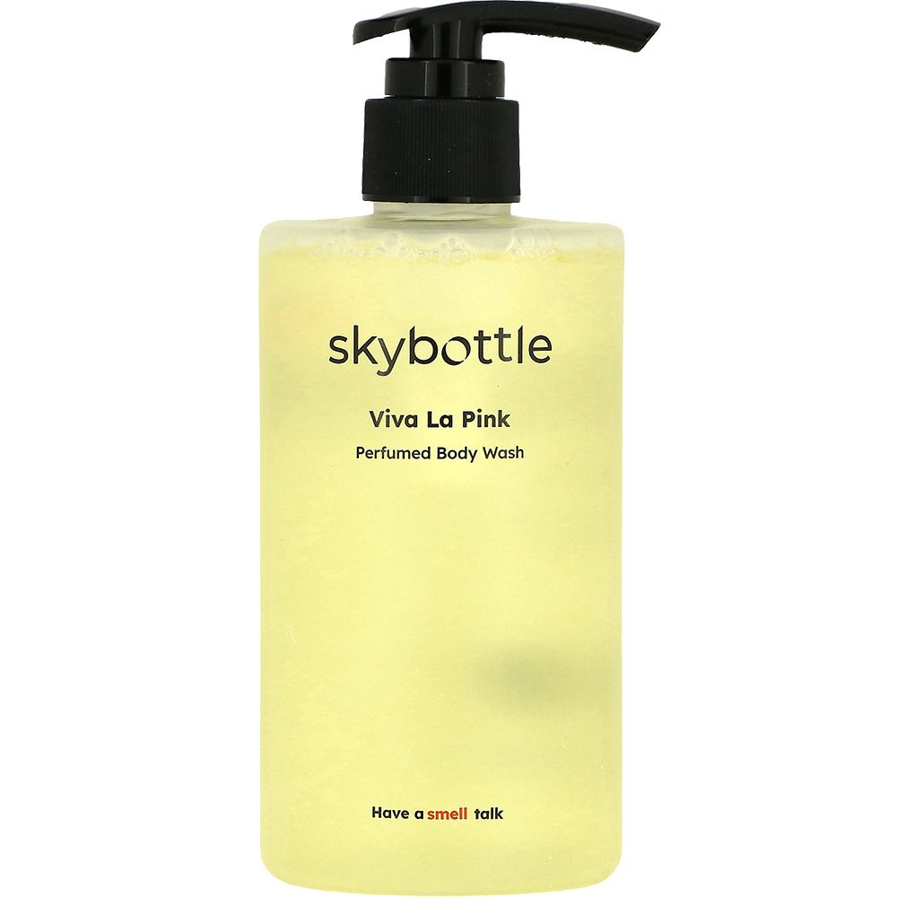 Gelbe SKYBOTTLE Viva La Pink Duschgel-Flasche mit schwarzem Spender. Text: Viva La Pink, Perfumed Body Wash. Aufschrift: Have a smell talk.
