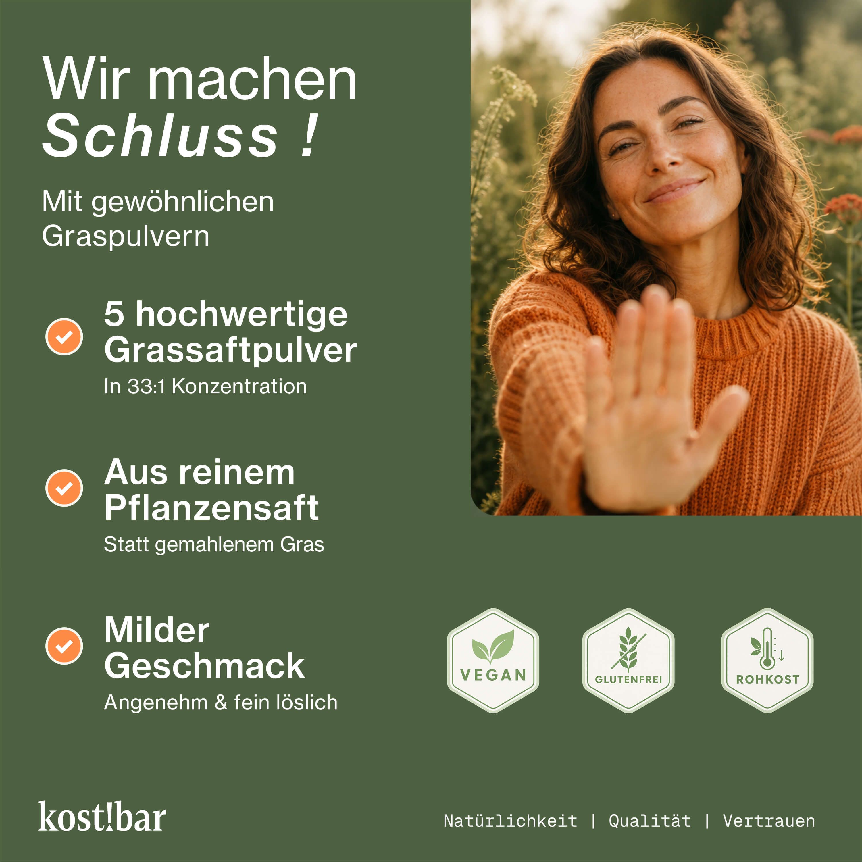Frau mit erhobener Hand, umgeben von Text und Icons. BIO-Siegel, Vegan, Glutenfrei, Rohkost.