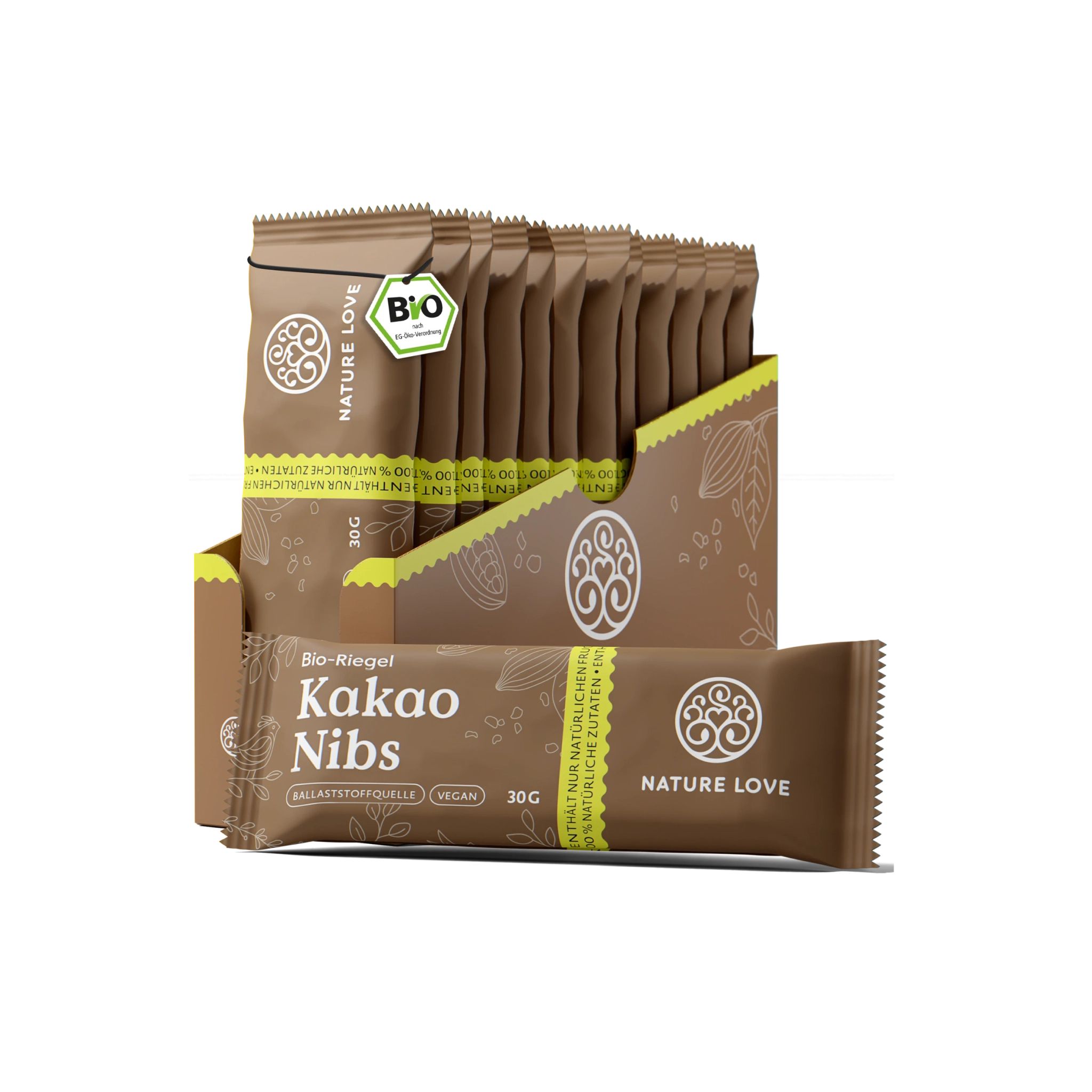 Bio-Riegel-Verpackung mit Kakao Nibs. Braune Riegel in einer Kartonbox. Aufdrucke: NATURE LOVE, Bio-Siegel, Kakao Nibs, 30g.